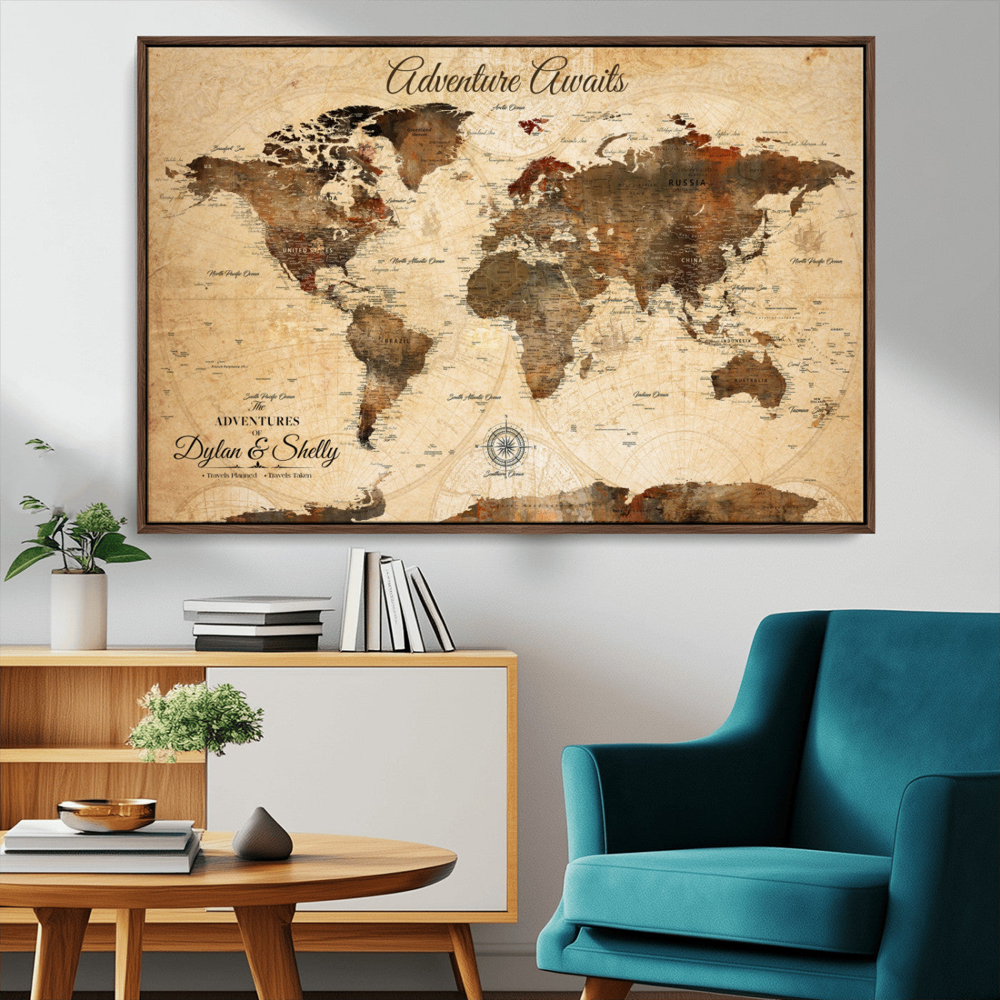 Rehber01-MGV-CV-36X24-Personalized World Map Canvas Wall Art – Custom Framed Push Pin Travel Tracker Print, Unique Gift for Home or Office Decor