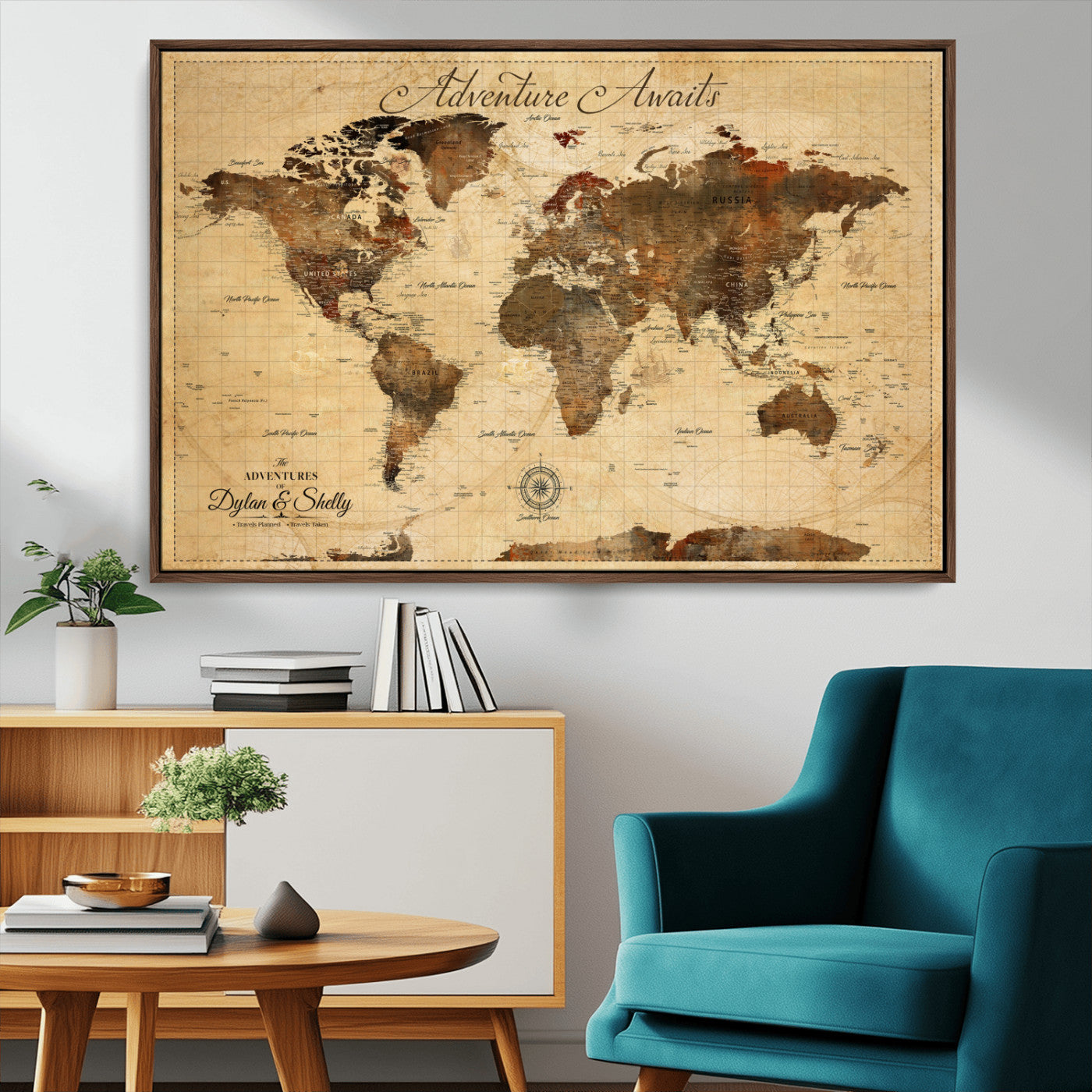 Rehber01-MGV-CV-36X24-Personalized World Map Canvas Wall Art – Custom Framed Push Pin Travel Tracker Print, Unique Gift for Home or Office Decor