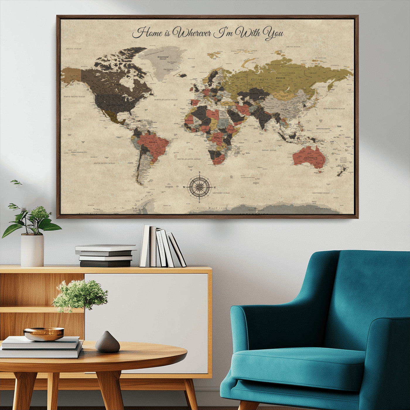-Personalized World Map Wall Art Canvas Print – Customizable Push Pin Framed Travel Map Artwork for Home Office