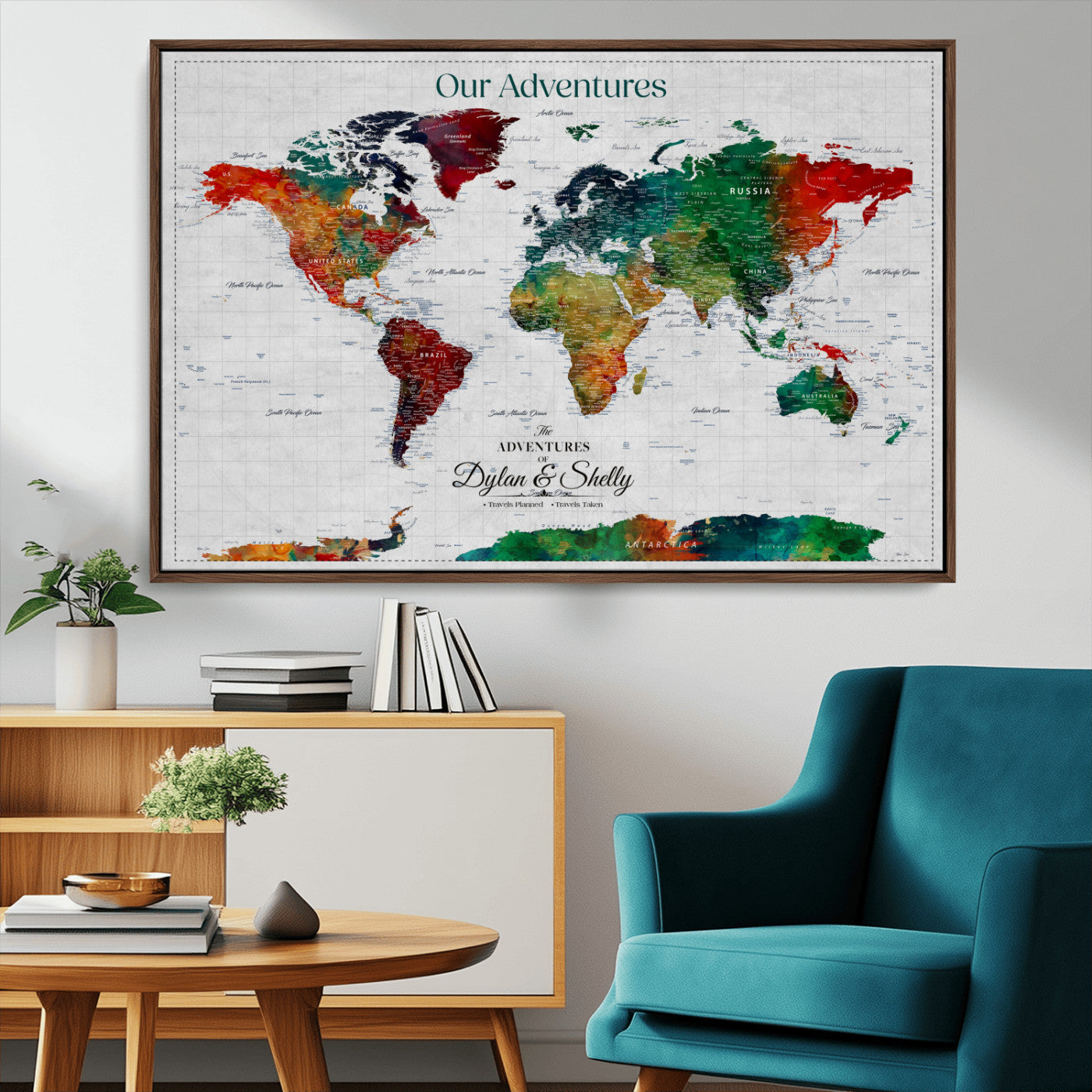 Rehber01-MGV-CV-36X24-Personalized World Map Canvas Wall Art – Custom Framed Push Pin Travel Tracker Print, Unique Gift for Home or Office Decor