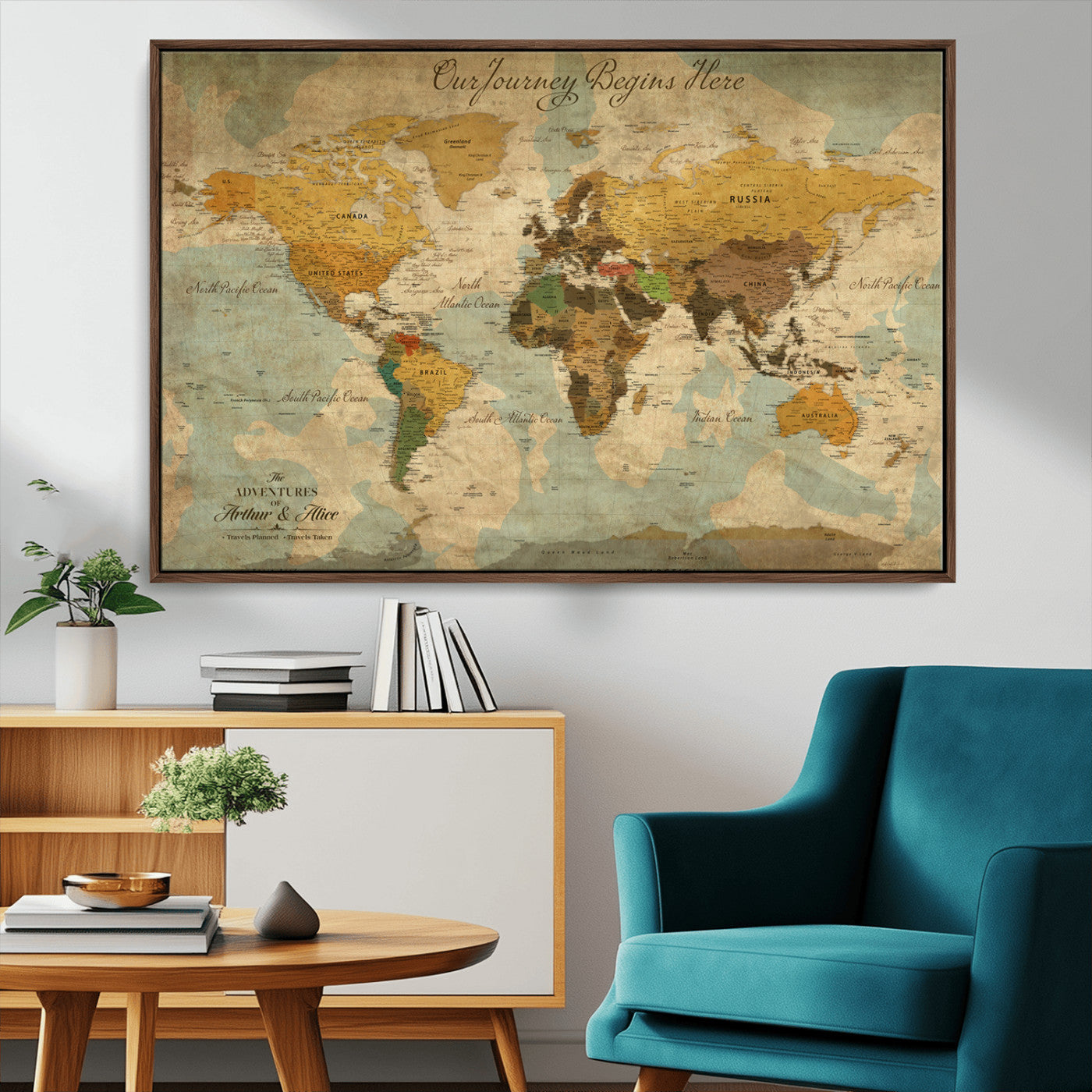 Rehber01-MGV-CV-36X24-Personalized World Map Canvas Wall Art – Custom Framed Push Pin Travel Tracker Print, Unique Gift for Home or Office Decor