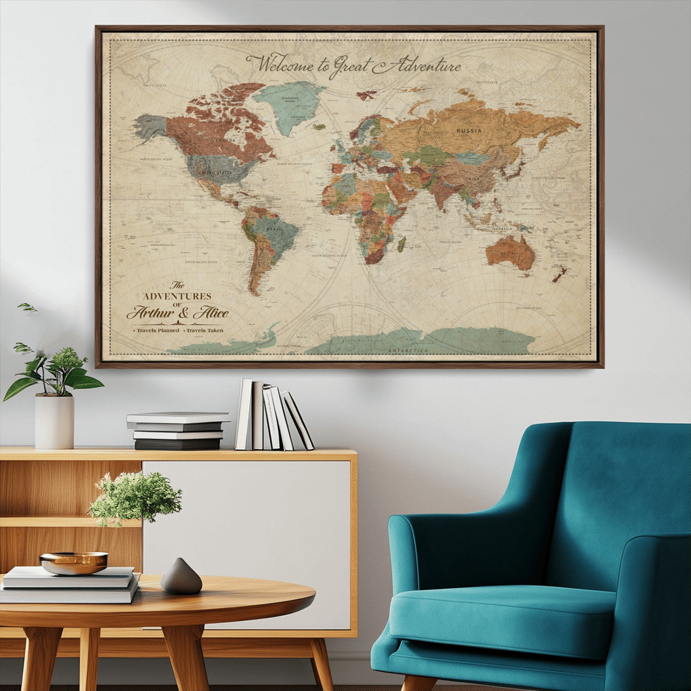-Personalized World Map Canvas Wall Art – Custom Framed Push Pin Travel Tracker Print, Unique Gift for Home or Office Decor