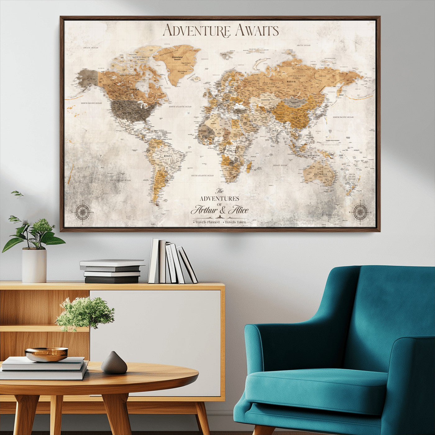 Rehber01-MGV-CV-36X24-Personalized World Map Canvas Print – Custom Push Pin Travel Map Vintage Neutral Style Gift for Couples Travelers for Home Office