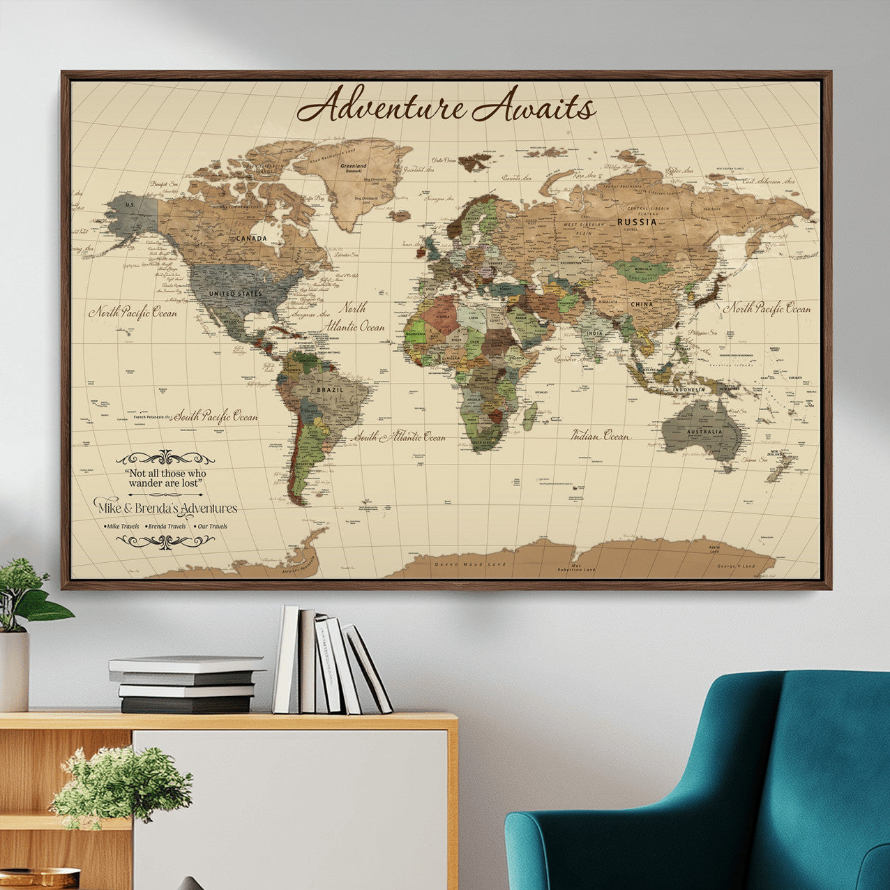31875069-MGV-FC-36X24 - Customizable Push Pin World Map Wall Canvas Print – Personalize Travel Tracker with Pins – Framed Custom Quotie Canvas for Home Office Decor