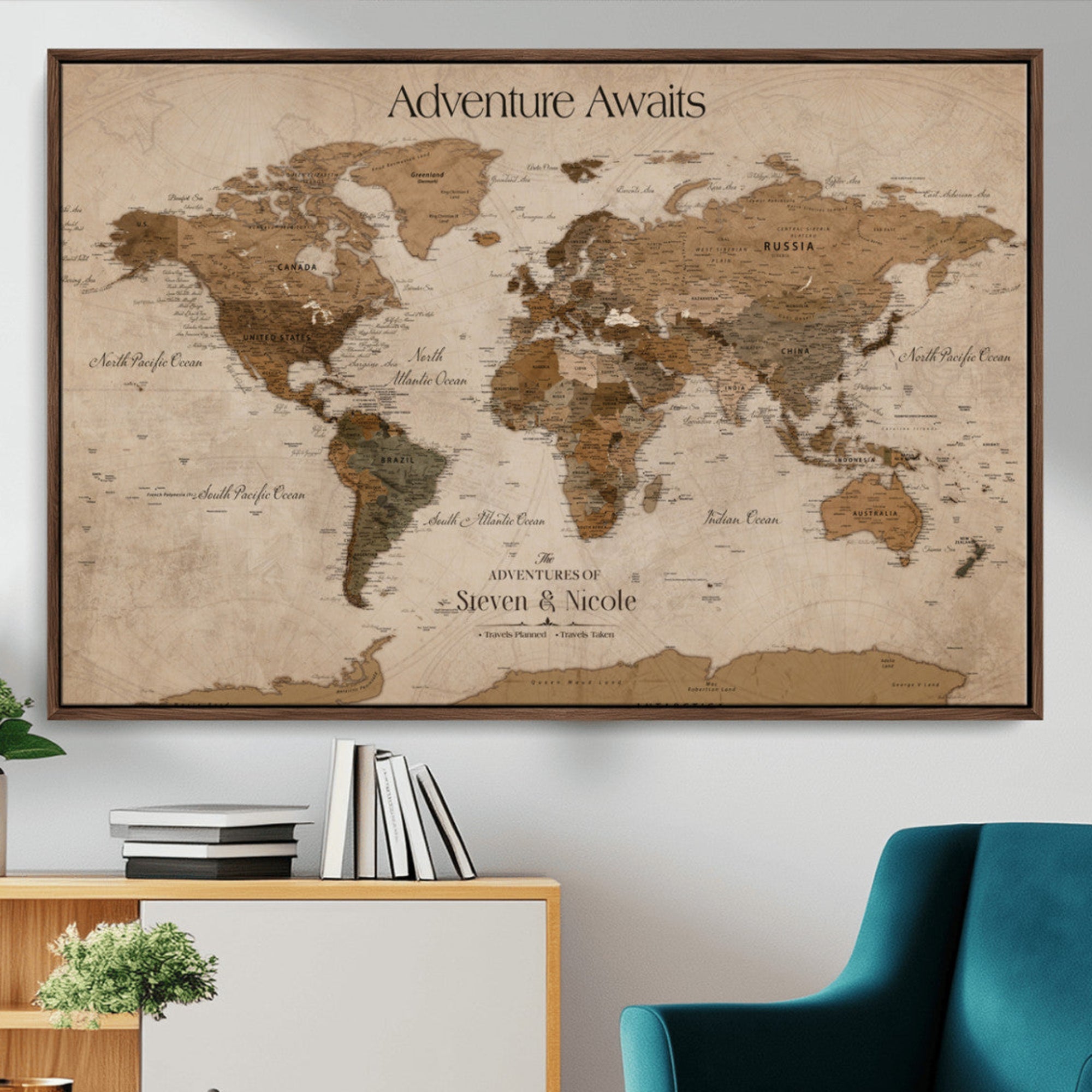 26070282-MGV-CV-36X24-Personalized Push Pin World Map Canvas – Custom Framed Travel Tracker Wall Art, Large Adventure Map with Pins for Home, Office