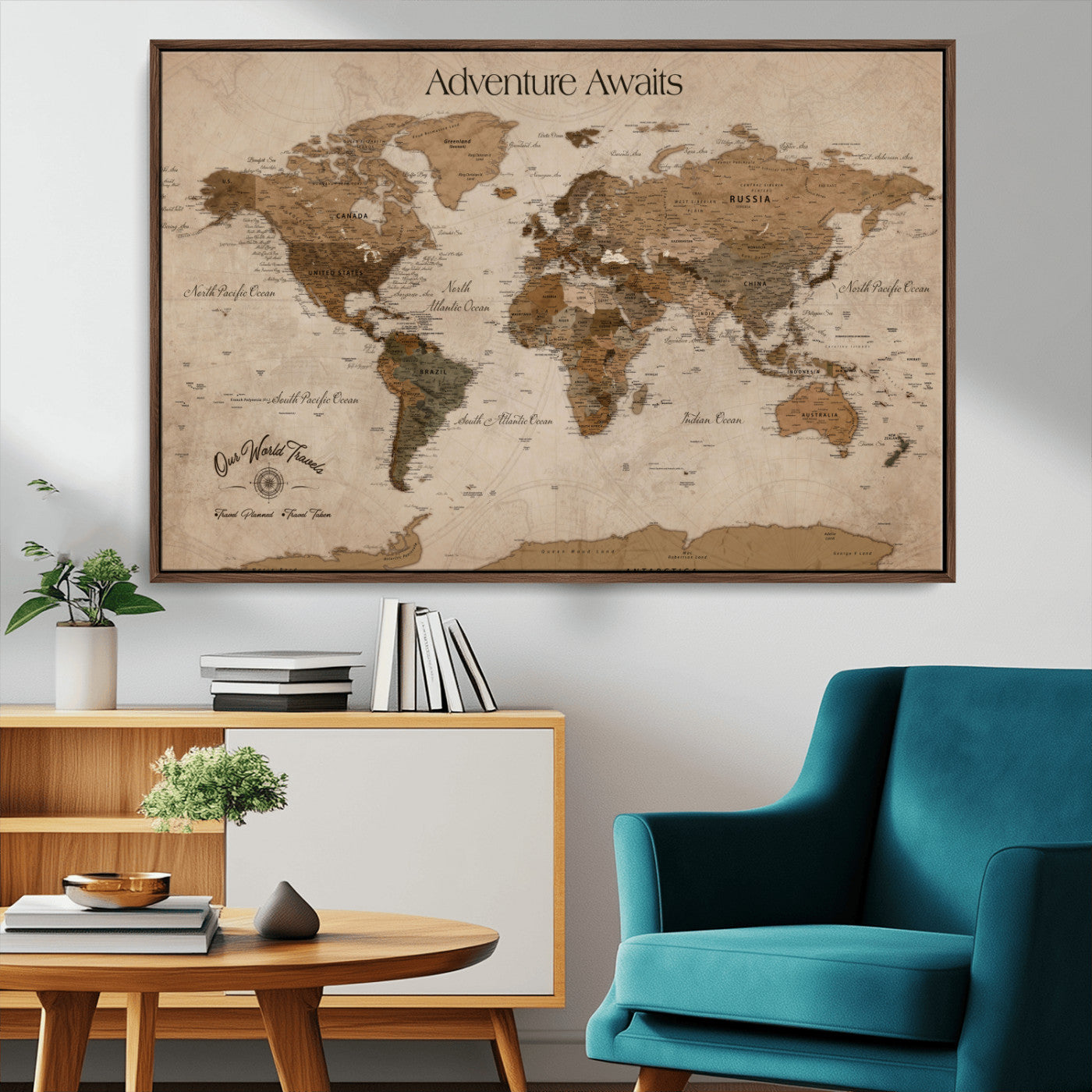 Rehber01-MGV-CV-36X24-Personalized Framed World Map Wall Art Canvas – Custom Push Pin Travel Map with 100 Pins Foam Backing for Home Office