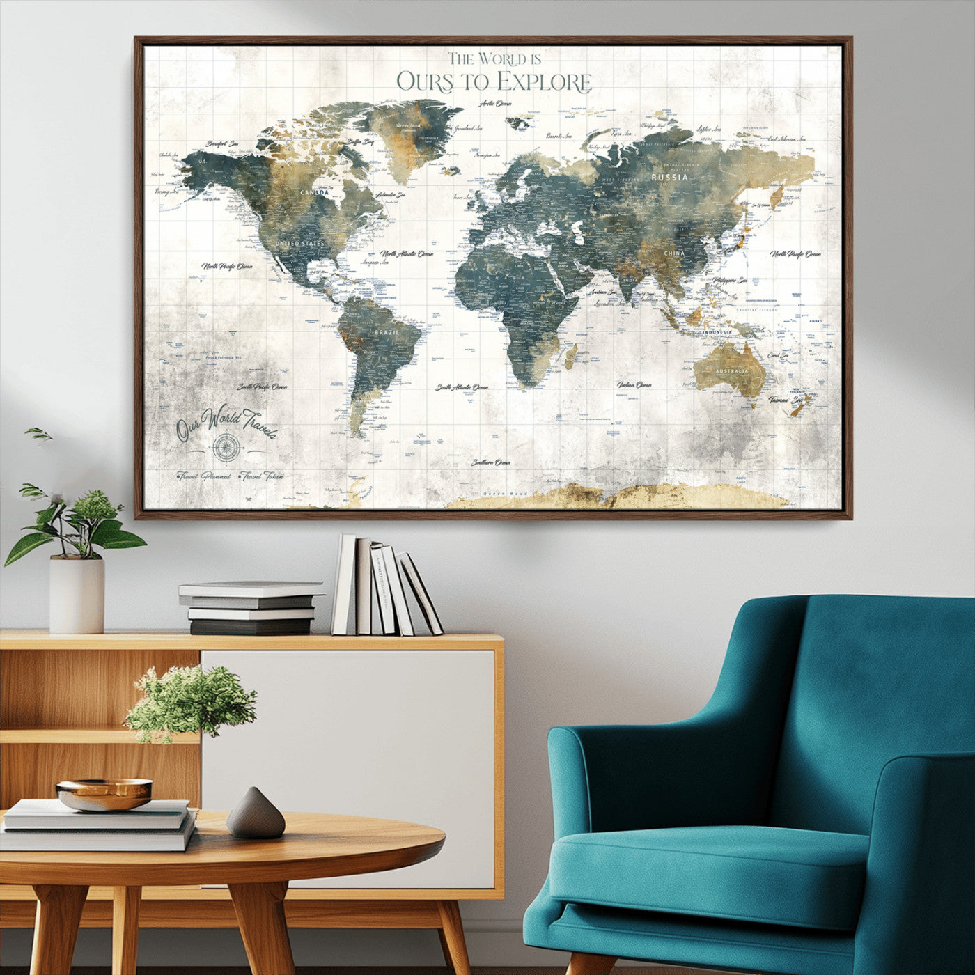 -Custom Push Pin World Map Wall Art Canvas Print – Adventure Travel Tracker Map with Pins Artwork for Home Office