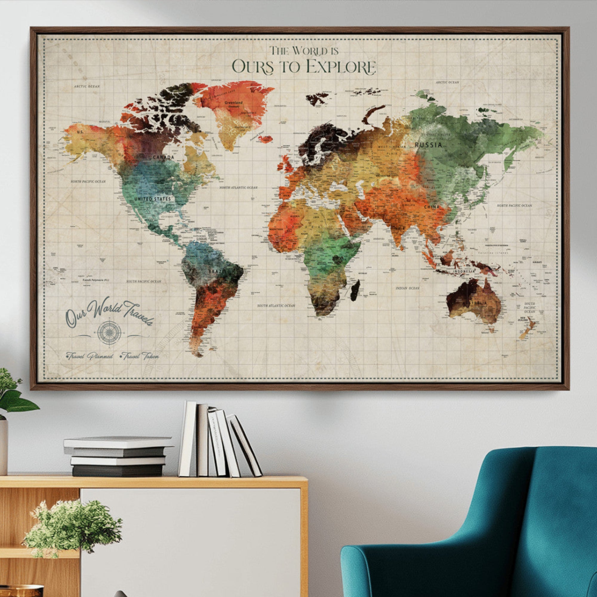 Rehber01-MGV-CV-36X24-Custom Push Pin World Map Wall Art Canvas Print – Personalized Travel Tracker Map Framed Artwork for Home Office