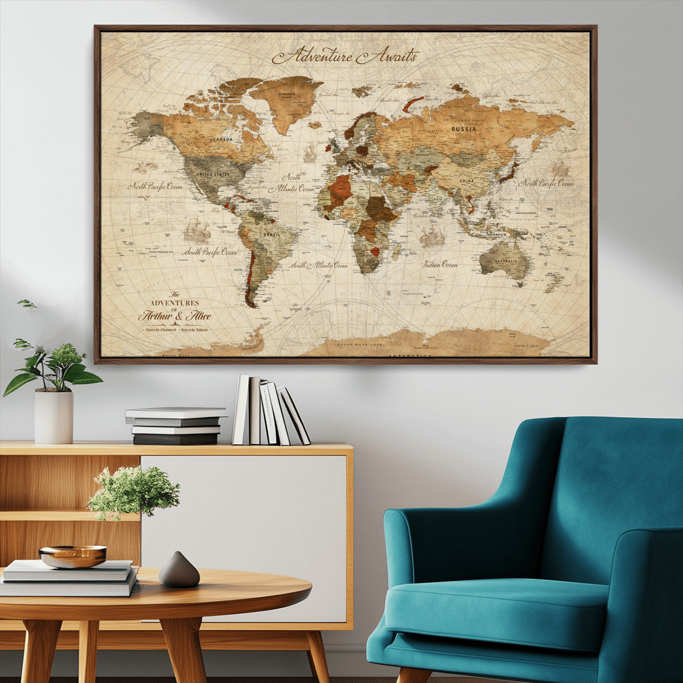 Rehber01-MGV-CV-36X24-Customizable Framed World Map Canvas Print – Personalized Push Pin Travel Map Gift for Couples Explorers for Home, Office