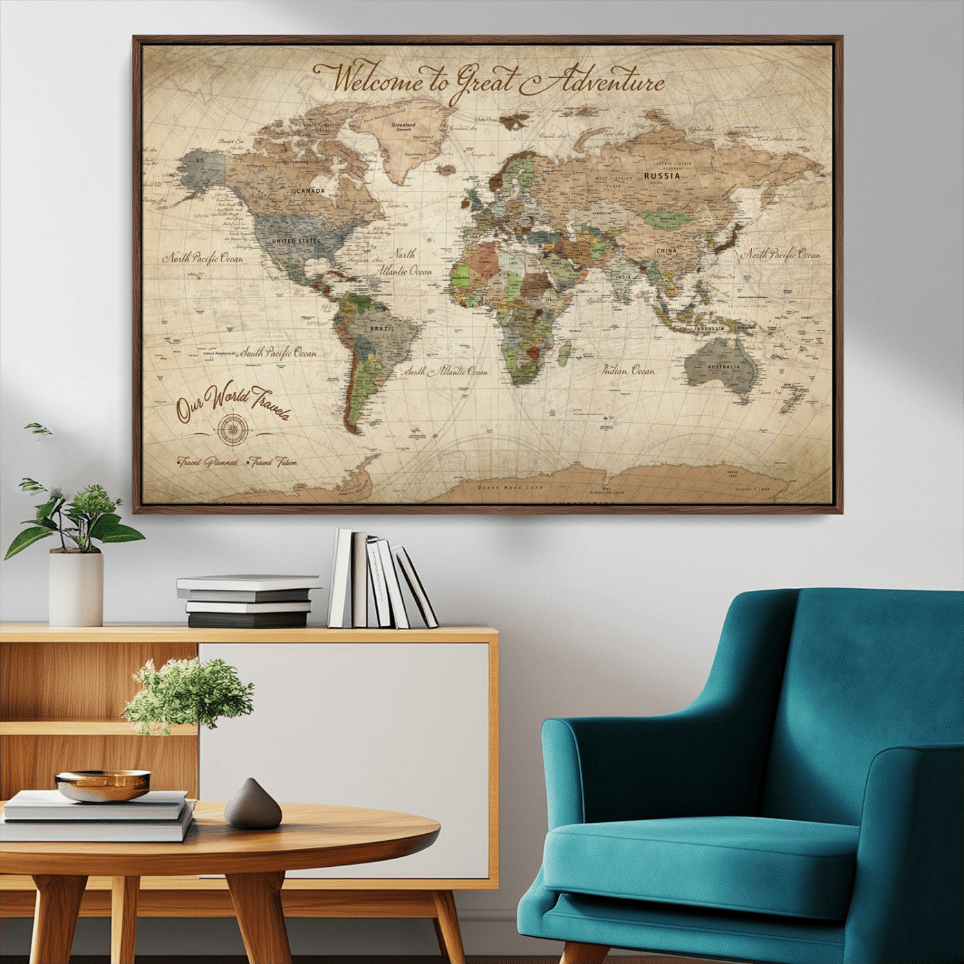 -Personalized Antique World Map Canvas Print – Custom Push Pin Travel Tracker Vintage Adventure Gift for Couples for Home, Office