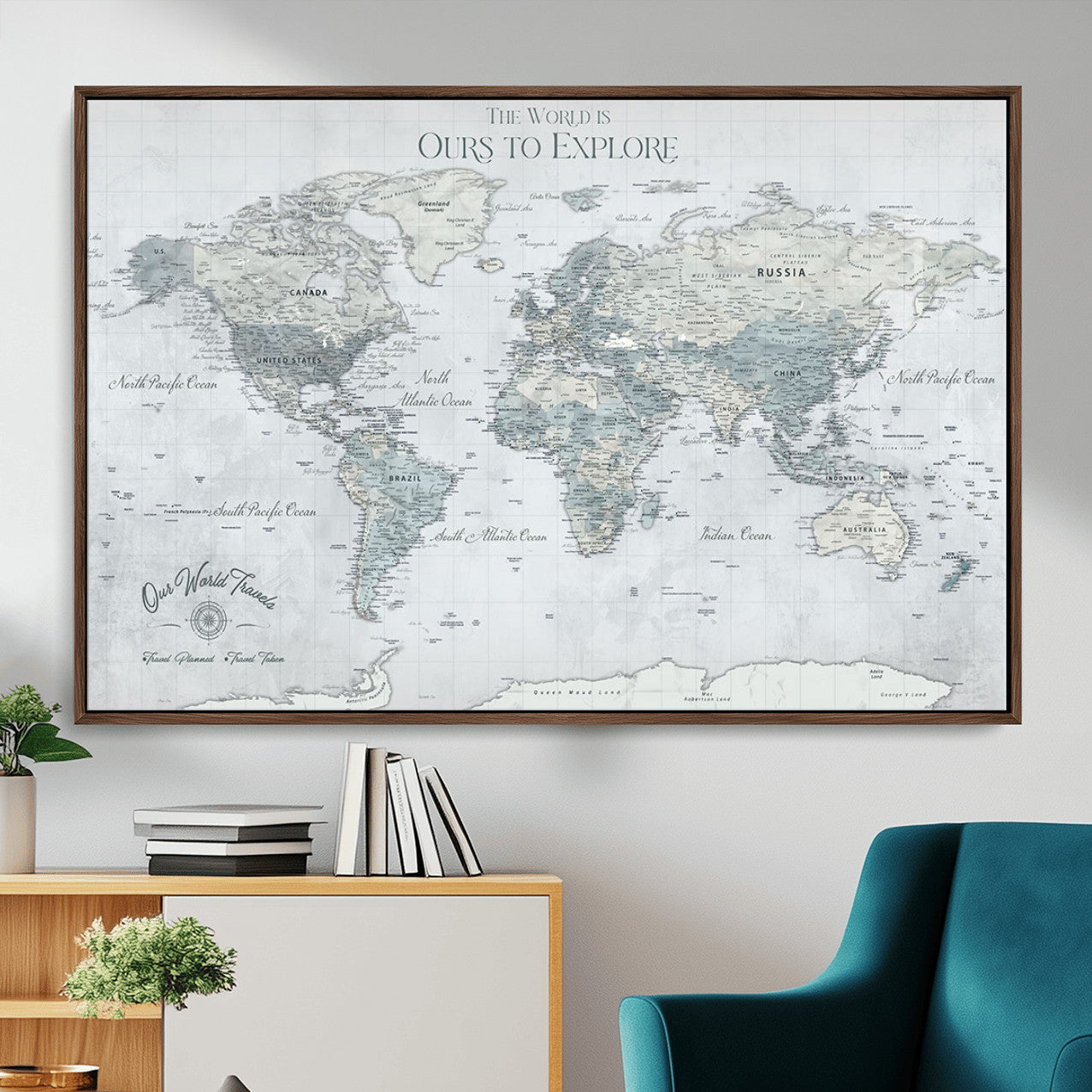 73654056-MGV-FC-36X24 - Personalized Push Pin World Map Canvas Print – Custom Framed Travel Tracker Artwork for Couples or Home Decor