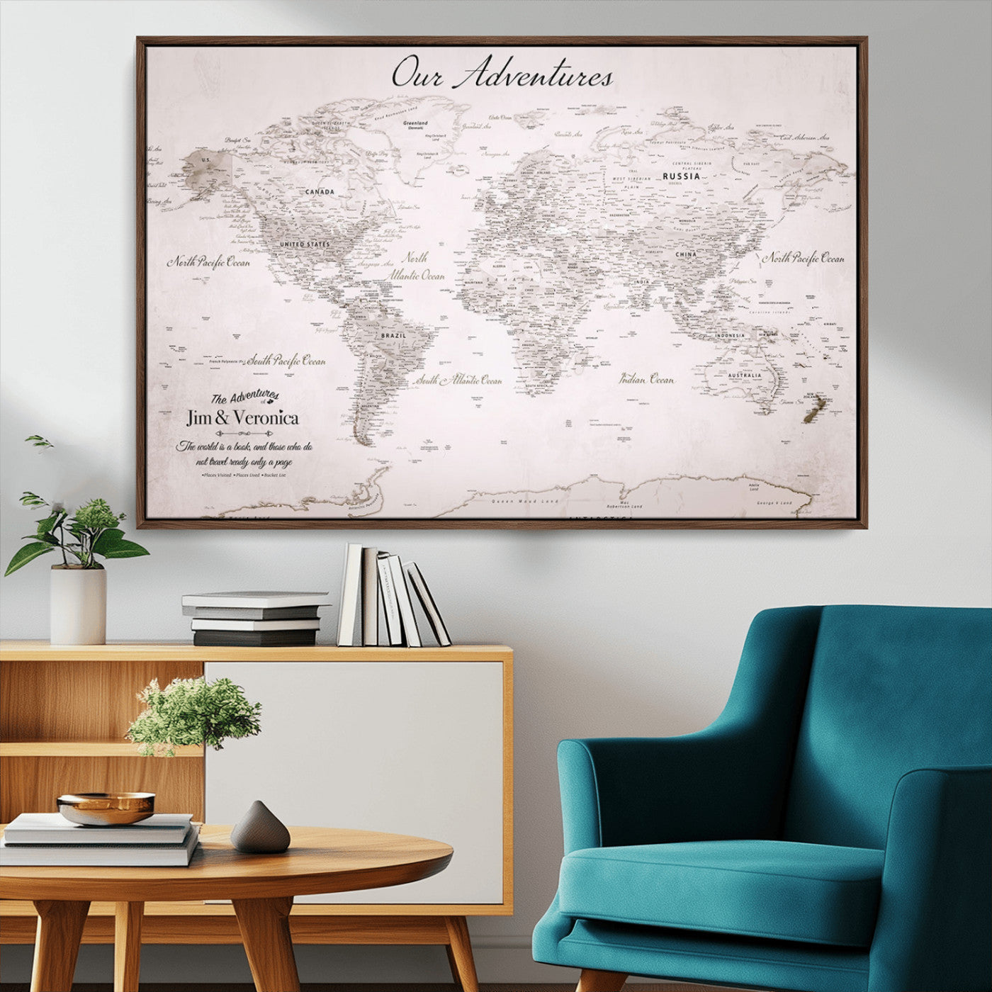14561774-MGV-FC-36X24_Walnut-Custom Push Pin World Map Wall Art – Personalized Travel Canvas Print with Foam Pins Framed Decor for Home, Office