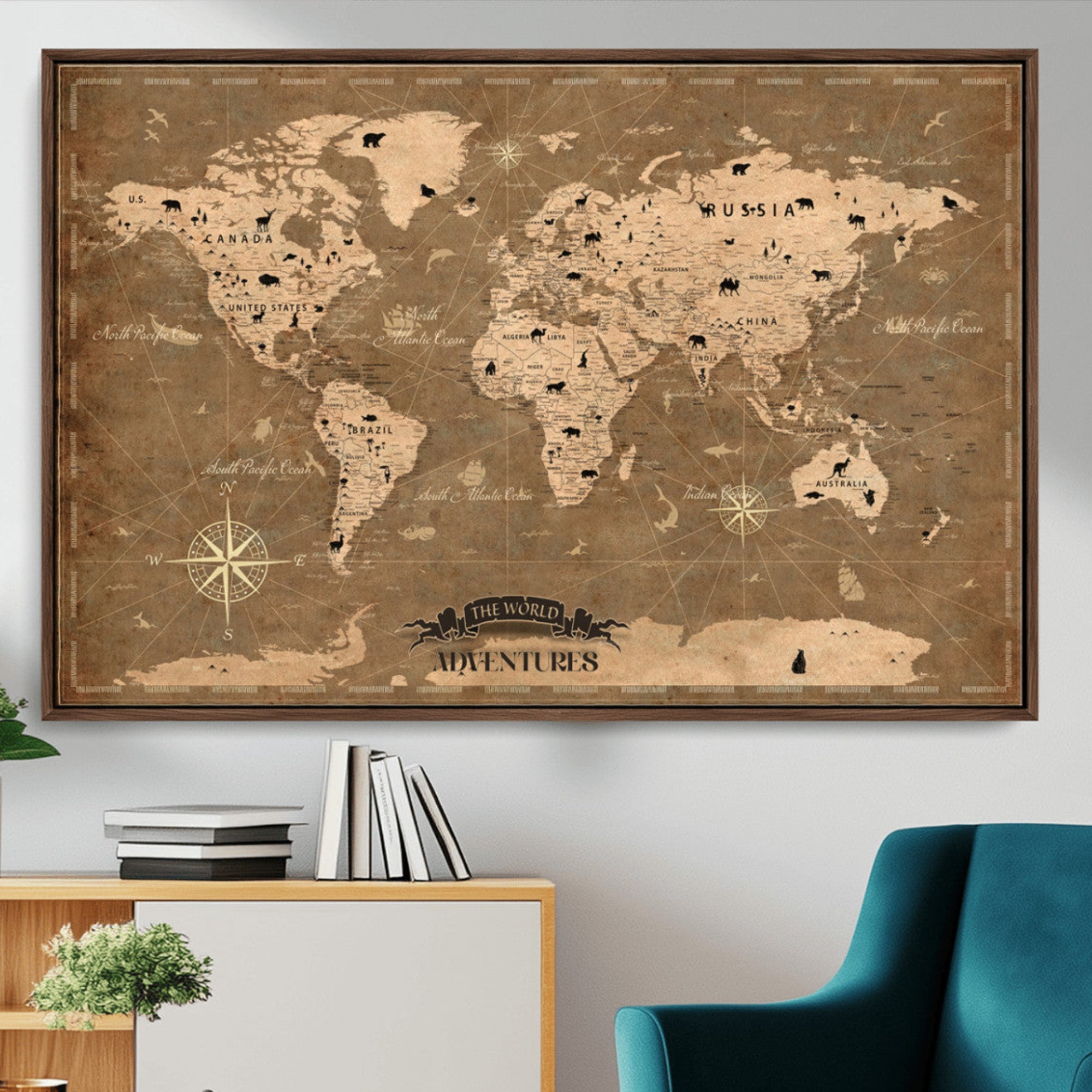 Rehber01-MGV-CV-36X24-Customize Push Pin World Map Wall Art Canvas Print – Personalized Kids Room Framed Map Travel Tracker for home, office
