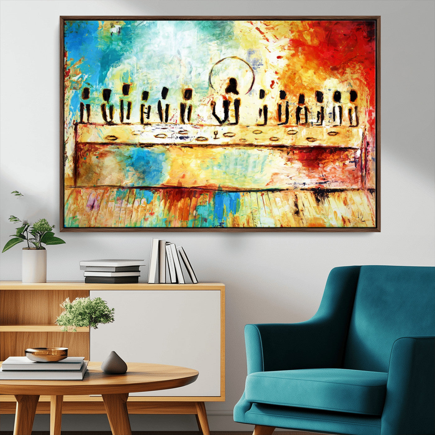 68892000-MGV-FC-36X24_Walnut-Abstract Last Supper Art Print – Vibrant Contemporary Jesus and Disciples Modern Canvas Painting Artwork for Home Office