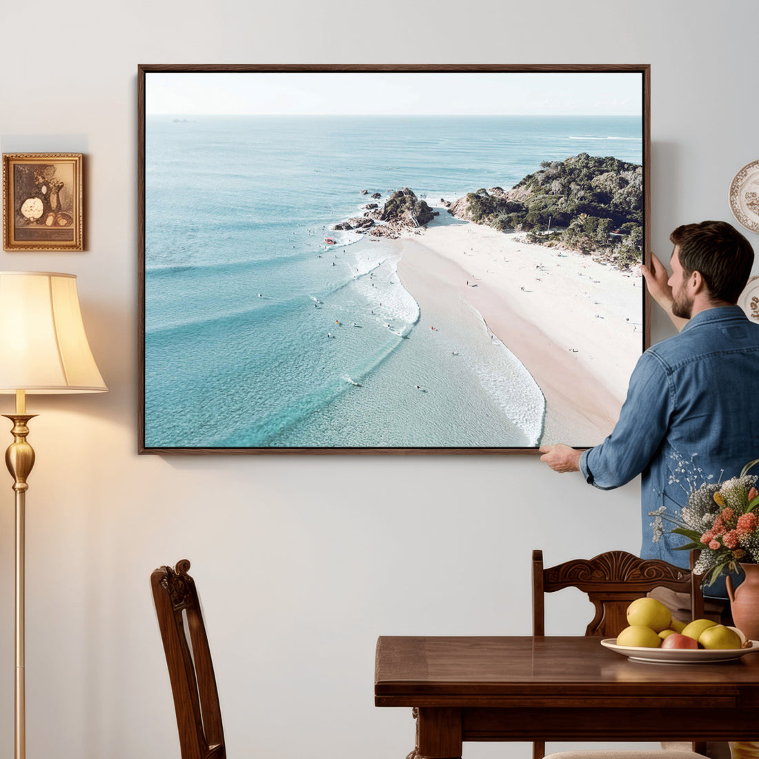 Aerial Beach Wall Art Canvas Print, Coastal Ocean Waves and Surfers from Above