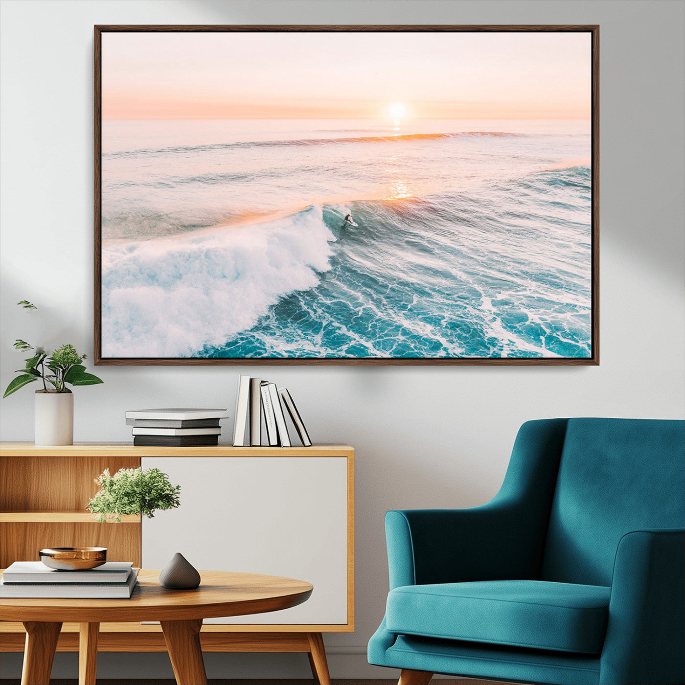 34064591-MGV-CV-36X24 - Sunset Surfing Wall Art Canvas Print, Ocean Wave Surfer with Golden Sky Artwork for Home, Office, Living Room