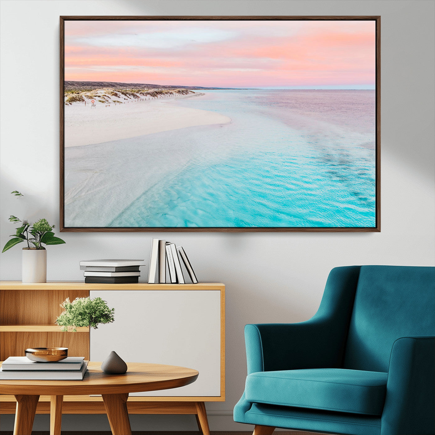 41613614-MGV-FC-36X24_Walnut-Serene Pastel Beach Canvas Wall Art Print, Tranquil Coastal Sunset Decor, Large Ocean Landscape Canvas for Living Room or Bedroom 1 Panel Wrapped