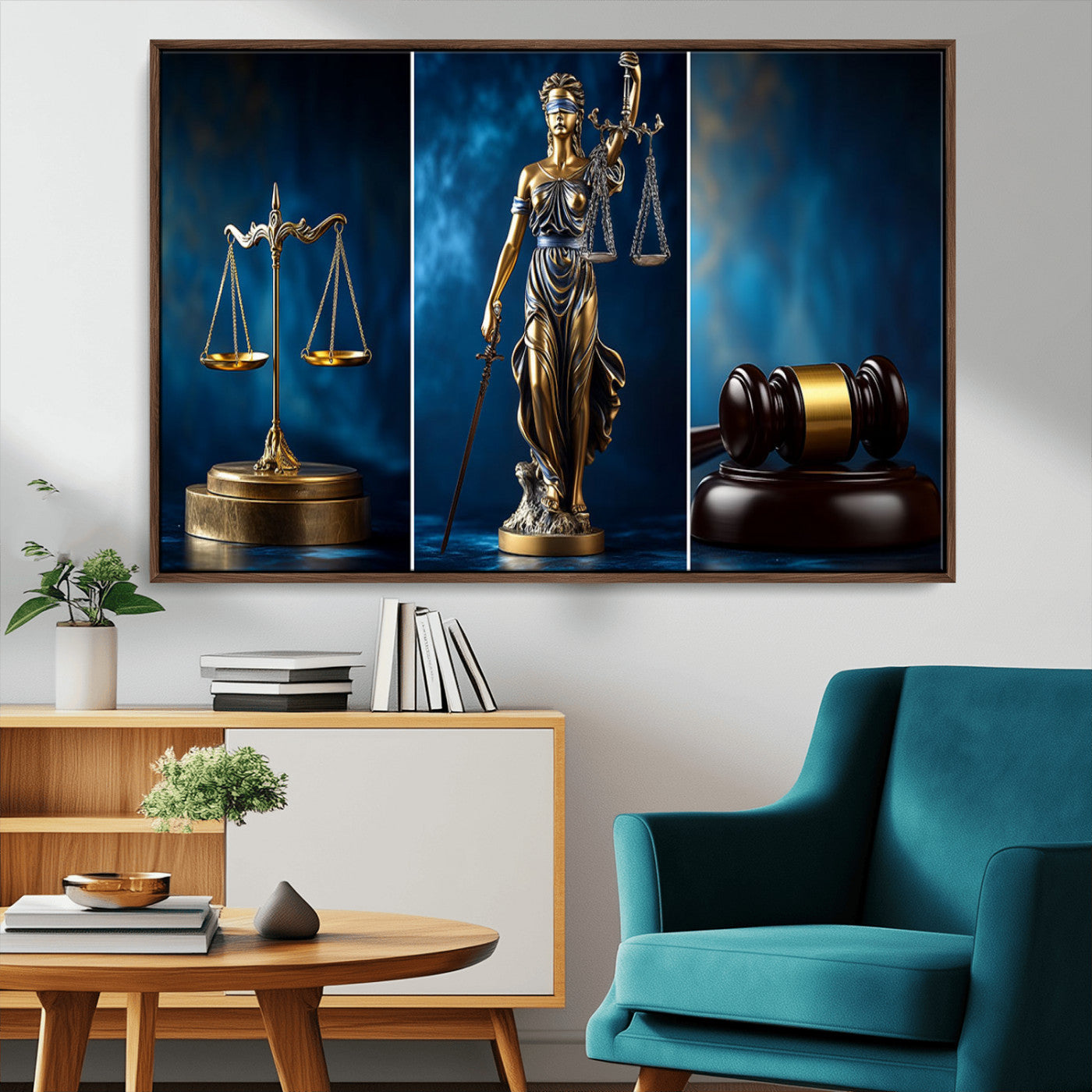 87750525-MGV-CV-36X24-Justice Scales Statue Wall Art, Lady Justice Sculpture Canvas Print, Legal Law Decor, Courtroom