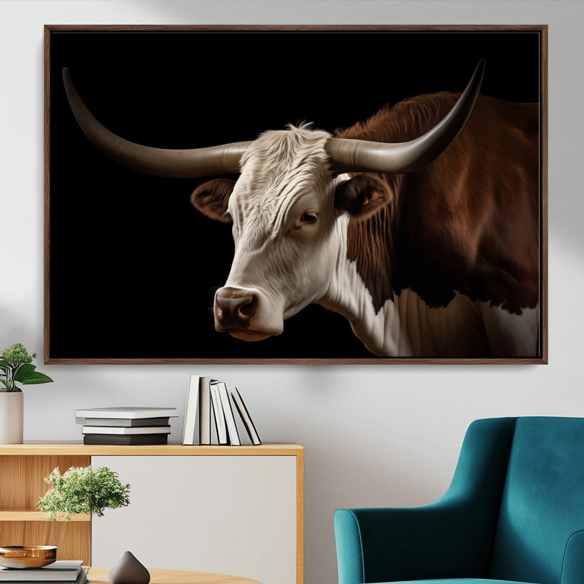 "Close-up of a brown and white longhorn cow with prominent curved horns against a black background."