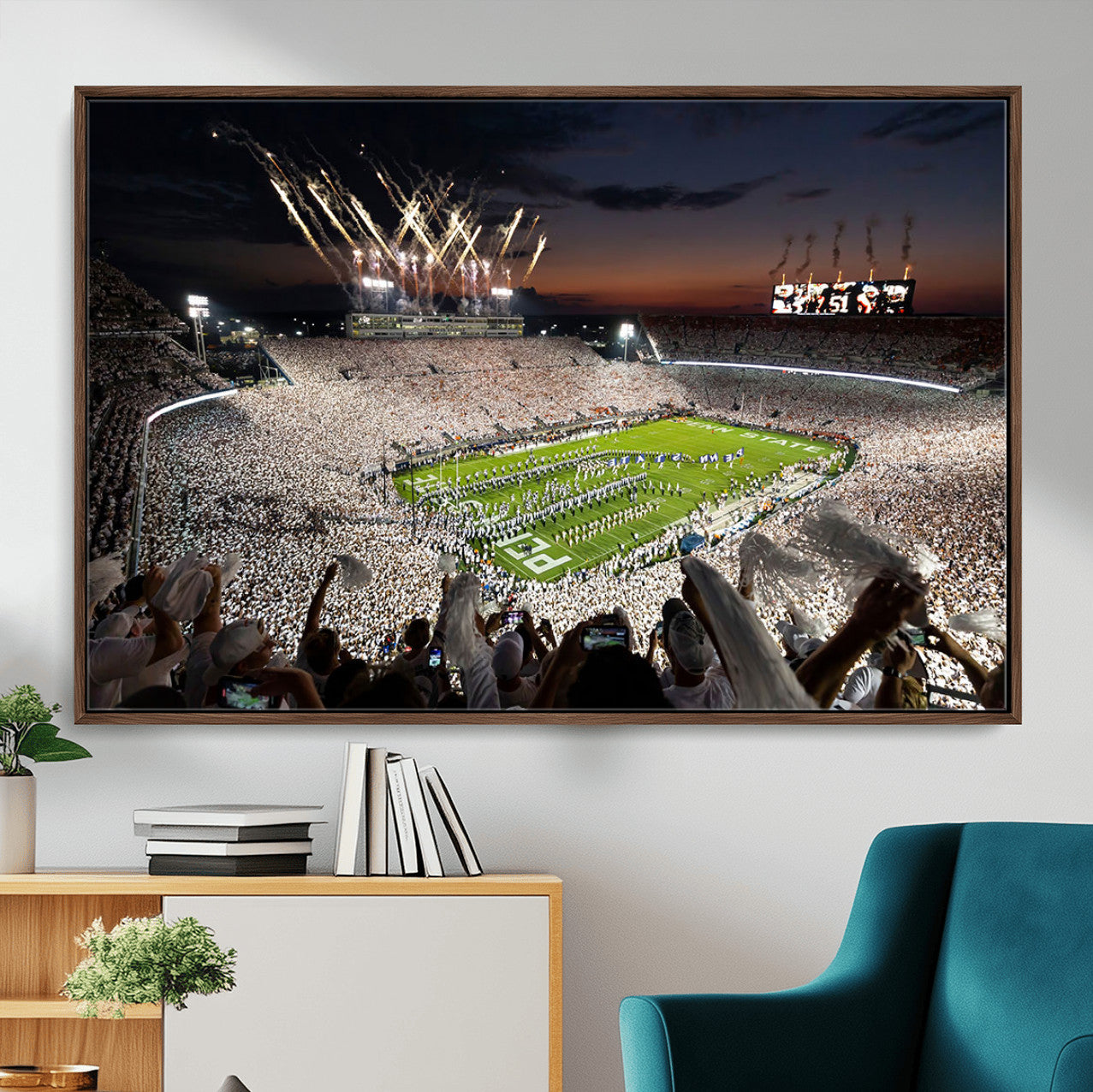 11221988-MGV-FC-36X24 - Epic Night Football Stadium Wall Art Canvas Print, Fireworks and Crowd Energy Game Day Excitement Decor for Home, Office
