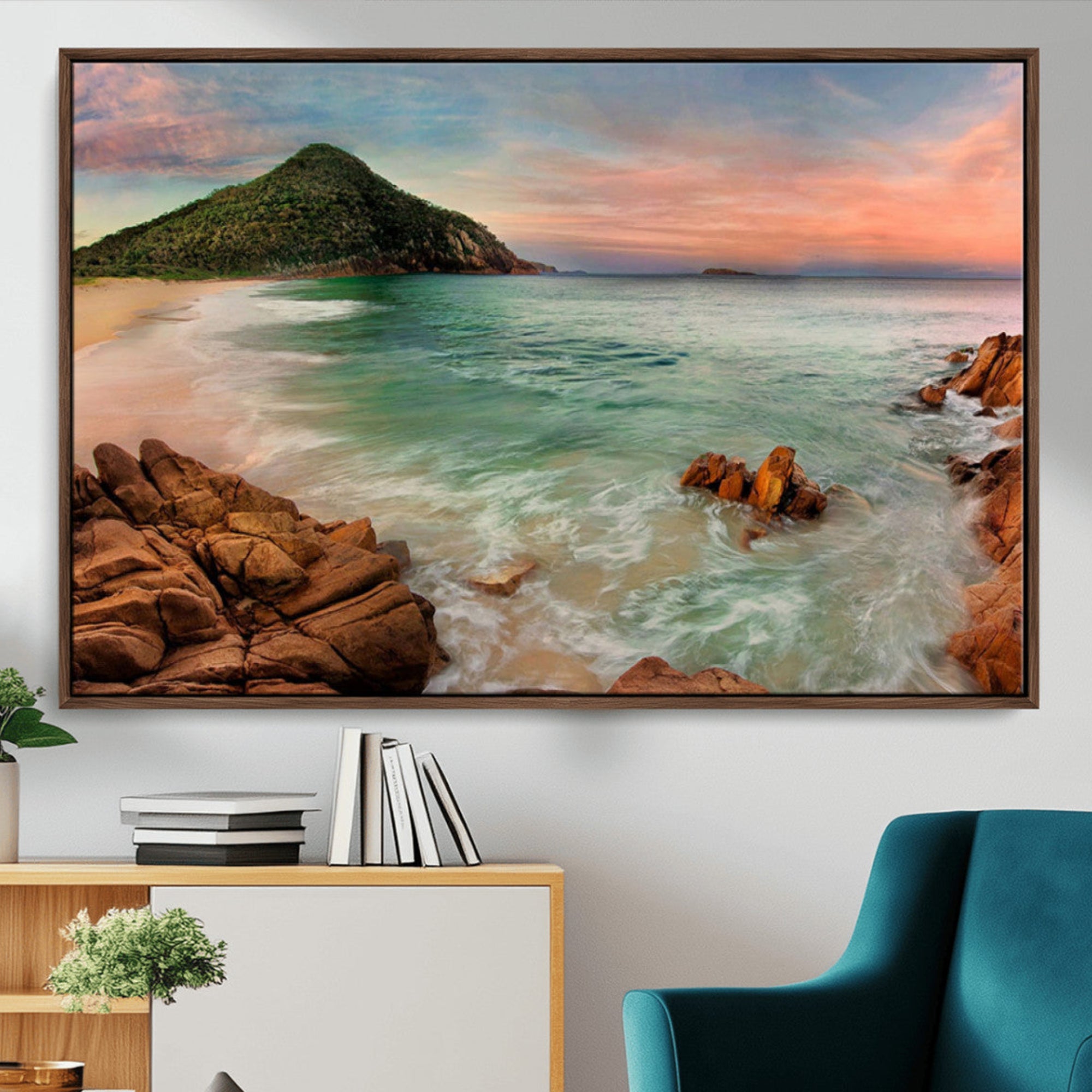 53831025-MGV-CV-36X24-Coastal Landscape Wall Art Canvas Print – Rocky Shore and Green Hills at Sunset Beautiful Ocean View Artwork for Home, Office
