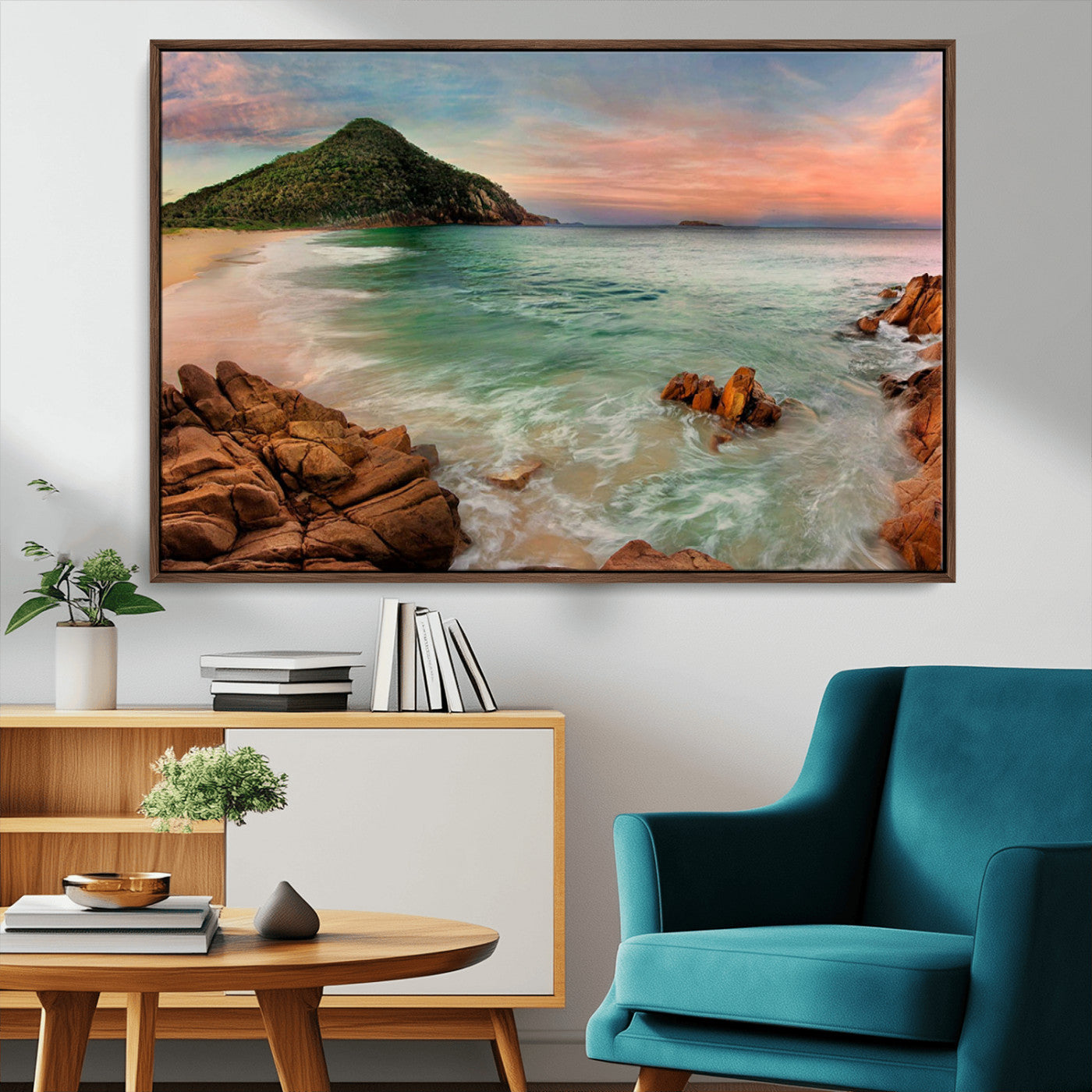 53831025-MGV-FC-36X24_Walnut-Stunning Coastal Landscape with Rocky Shore and Green Hills at Sunset – Beautiful Ocean View Wall Art Canvas Print for Serene Home Decor.