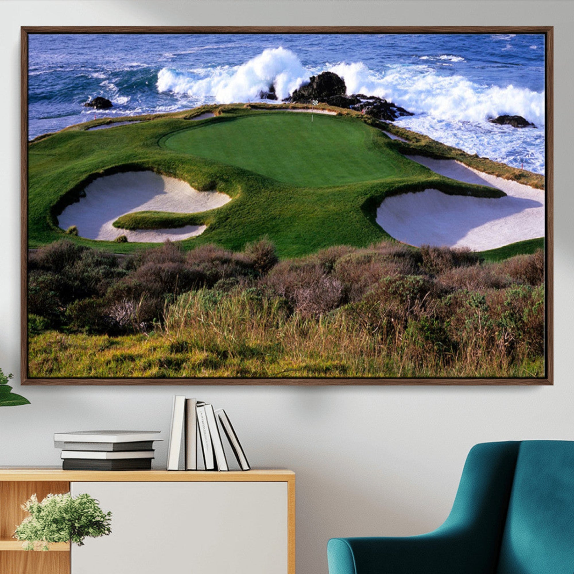 -Ocean Cliff Golf Green Canvas Print – Framed Majestic Coastal Scene with Lush Green Artwork for Home, Office, Living Room