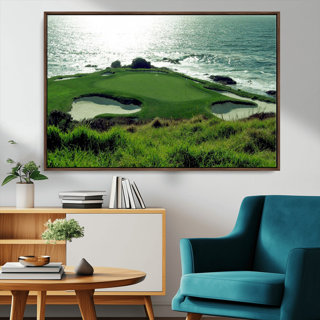 Coastal Golf Course Wall Art Canvas Print, Scenic Green with Sand Bunkers and Shimmering Ocean