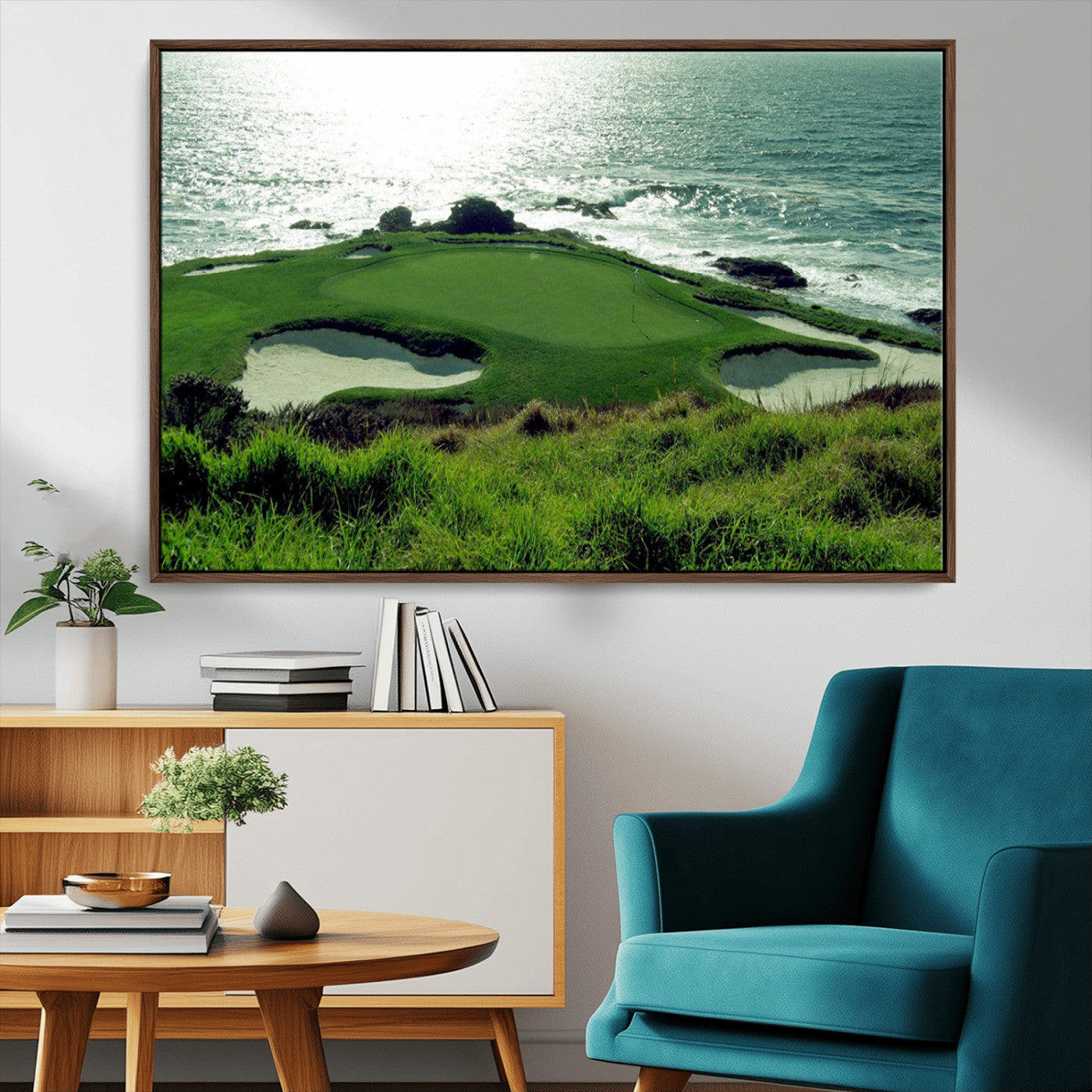 48473947-MGV-CV-36X24-Coastal Golf Course Wall Art Canvas Print – Scenic Green Surrounded by Sand Bunkers and Ocean Waves Artwork for Home, Office