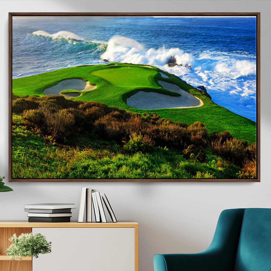 MGV-FC-36X24 - Vibrant Coastal Golf Course Green with Sand Bunkers Overlooking Powerful Ocean Waves Crashing
