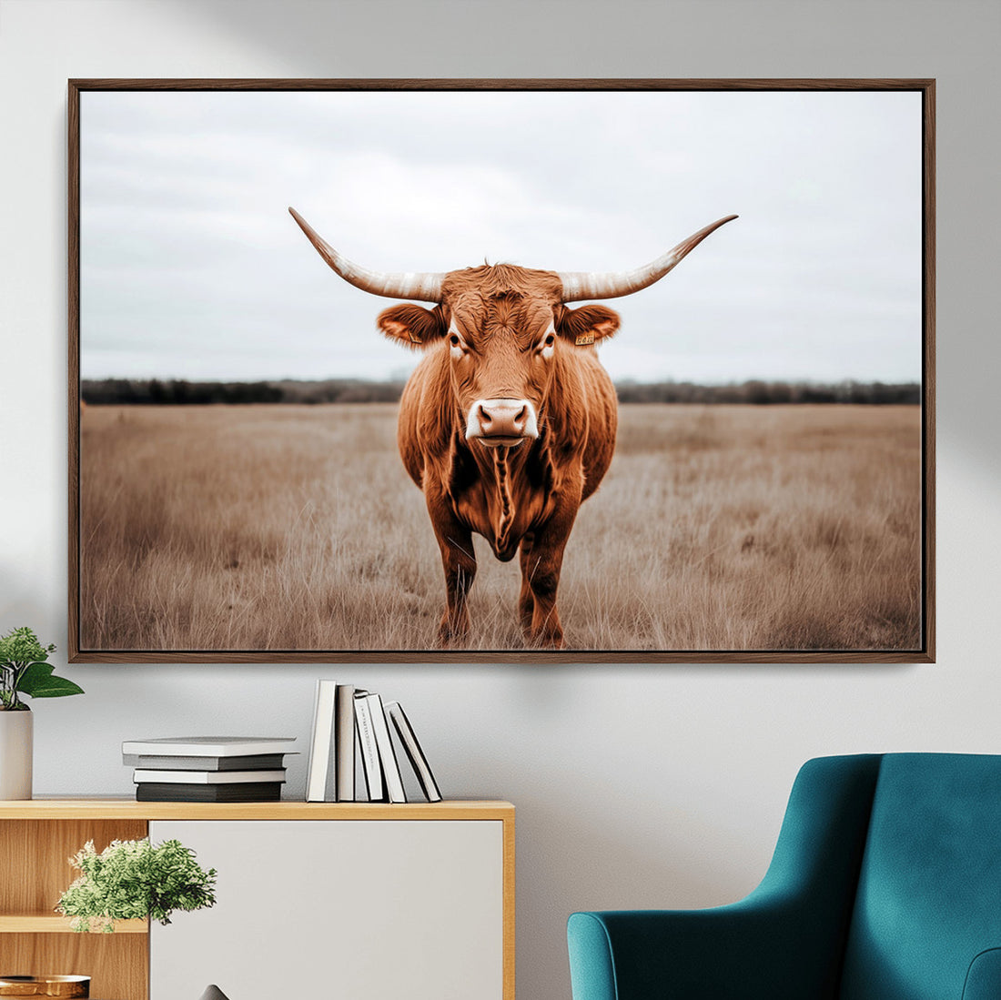 Longhorn Bull Wall Art Canvas Print, Framed Rustic Decor