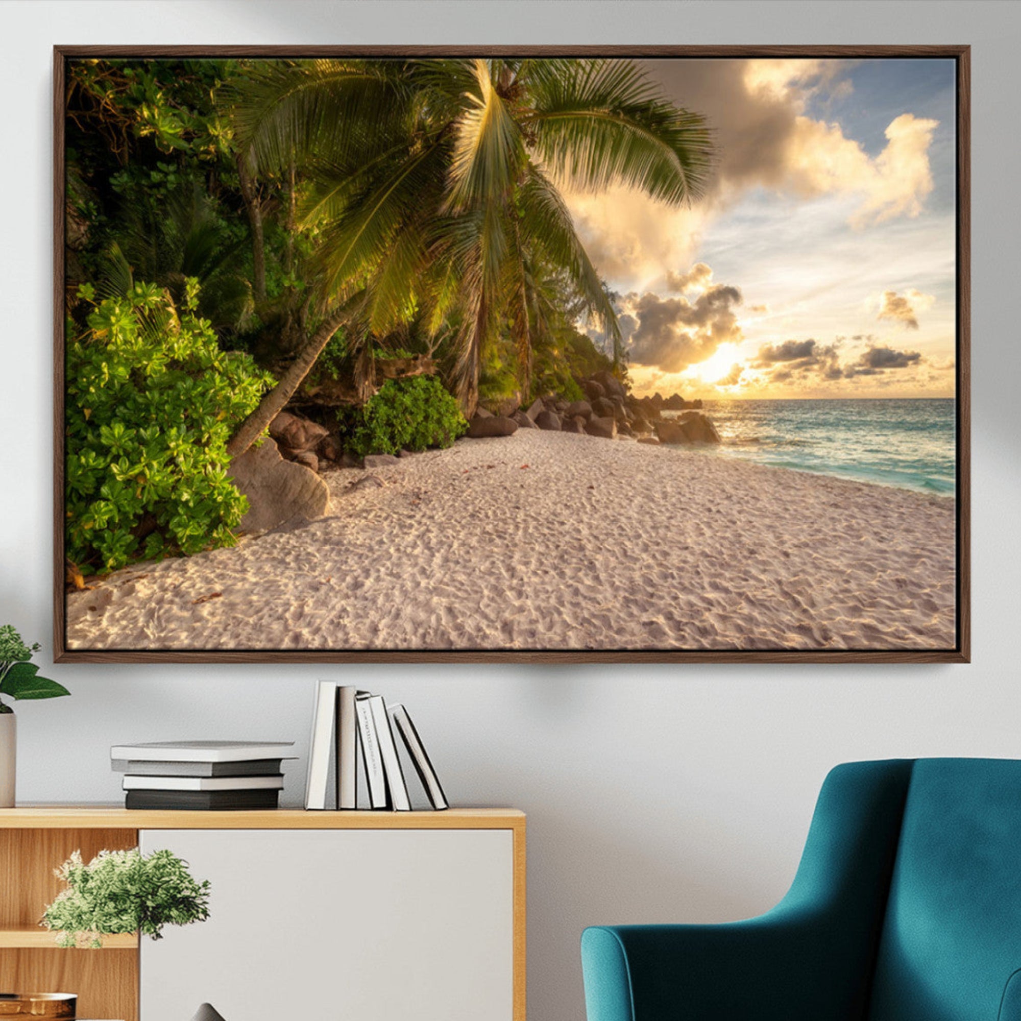 89531159-MGV-CV-36X24-Tropical beach sunset, palm trees, white sand, ocean waves, golden sky, serene landscape, nature