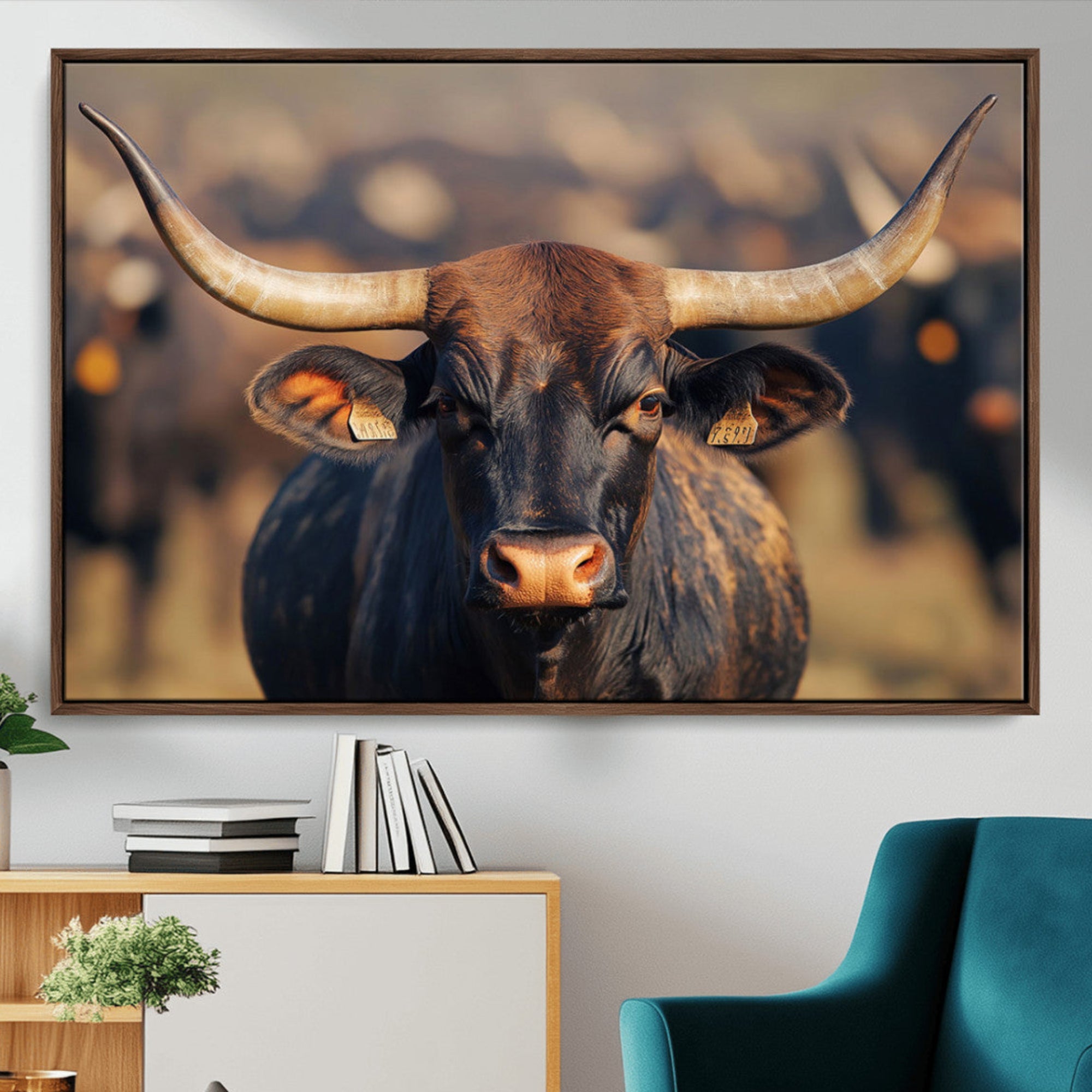 35515971-MGV-CV-36X24-Majestic bull head close-up, long curved horns, detailed fur texture, warm sunlight, focused gaze,