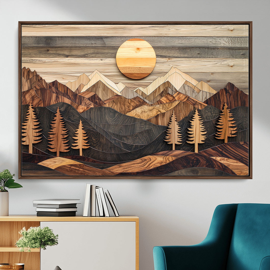 Wood Mountain Wall Art Canvas Print, Layered Forest and Mountain Landscape