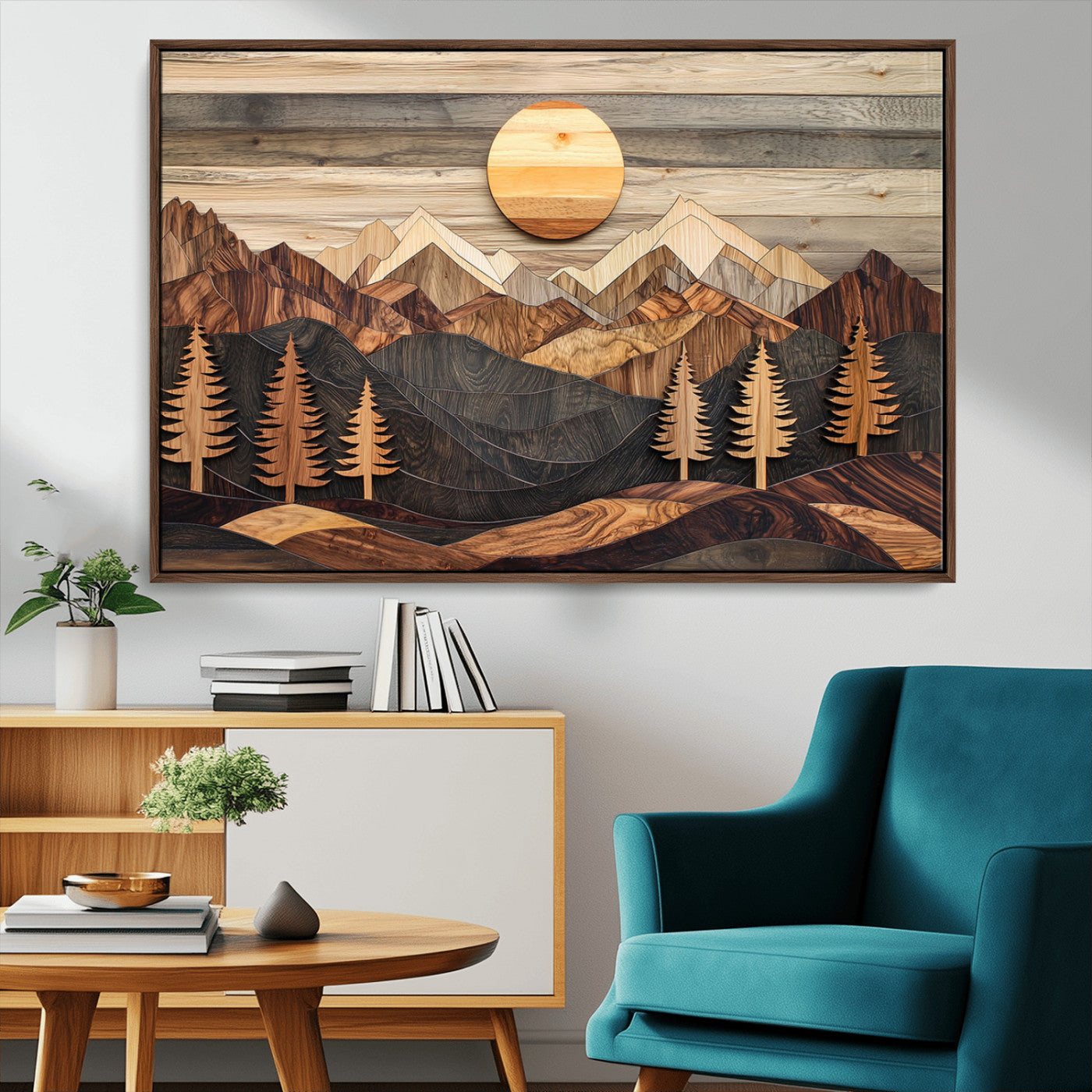 MGV-FC-36X24 - Wooden Mountain Layers Canvas Wall Art – Rustic Pine Tree Landscape with Sunlight Artistic Nature