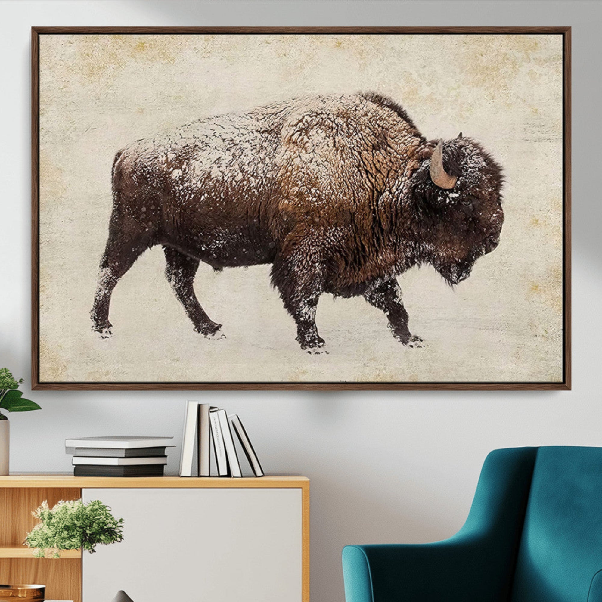 -Snow-dusted bison silhouette textured vintage style rugged wildlife art with neutral tones perfect