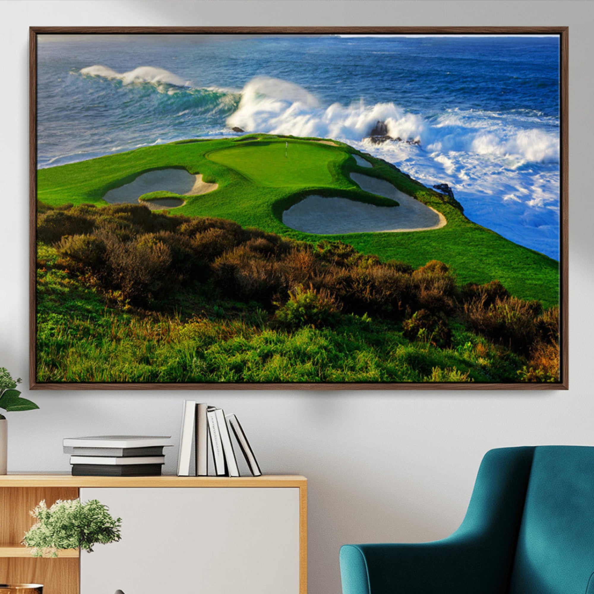 13644055-MGV-CV-36X24-Ocean Cliffside Golf Course Green Waves Surf Sand Bunker Scenic Coastal Landscape Nature Wall Art