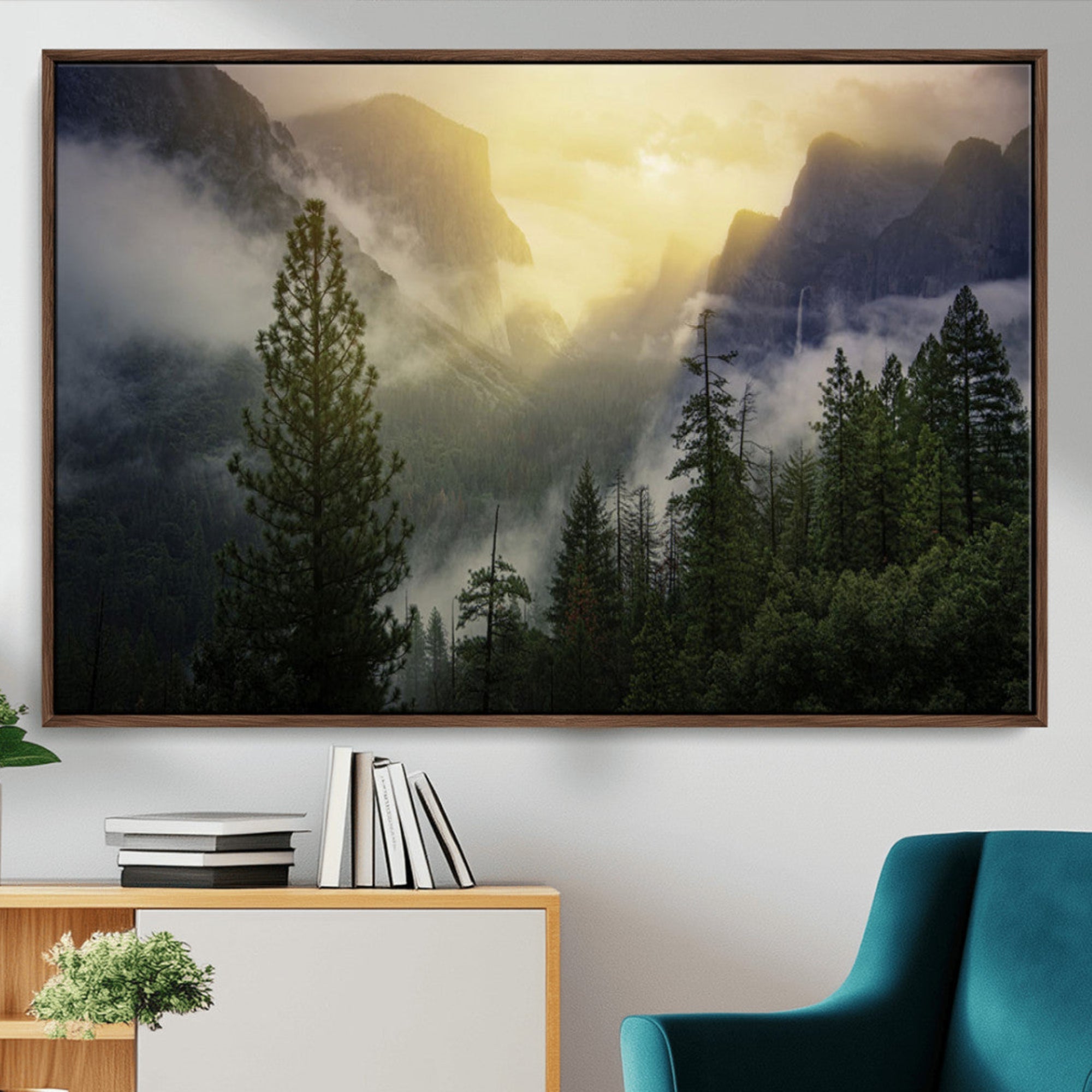 38316884-MGV-CV-36X24-Misty Forest Sunrise Mountain Valley Pine Trees Foggy Landscape Nature Scenic Outdoors Calm Tranquil