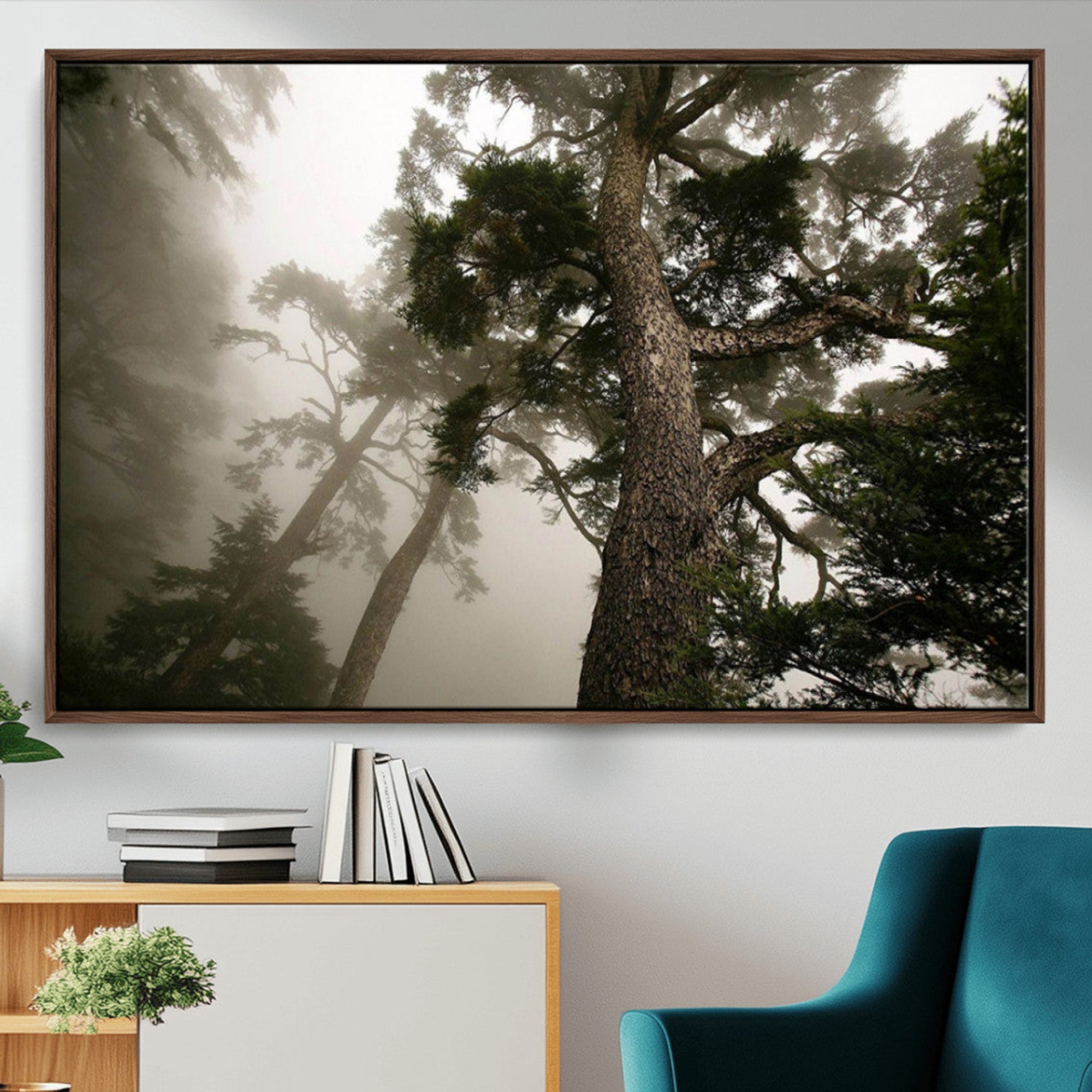 87969493-MGV-CV-36X24-Misty Forest Tall Trees Foggy Atmosphere Nature Serenity Calm Wooded Landscape Tranquil Scene