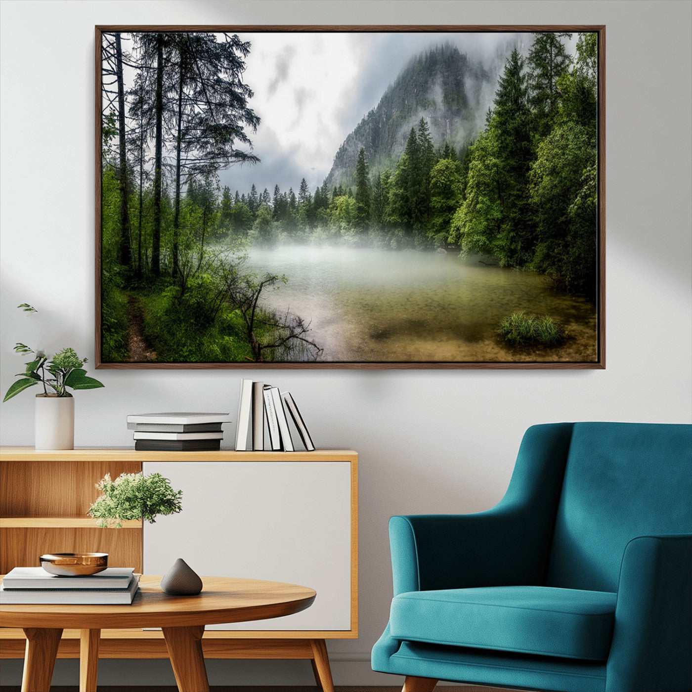93123937-MGV-FC-36X24_Walnut-Misty Lake Forest Green Trees Calm Water Reflection Mountain Fog Nature Landscape Outdoor Scenic Beauty Wall Art Canvas Print