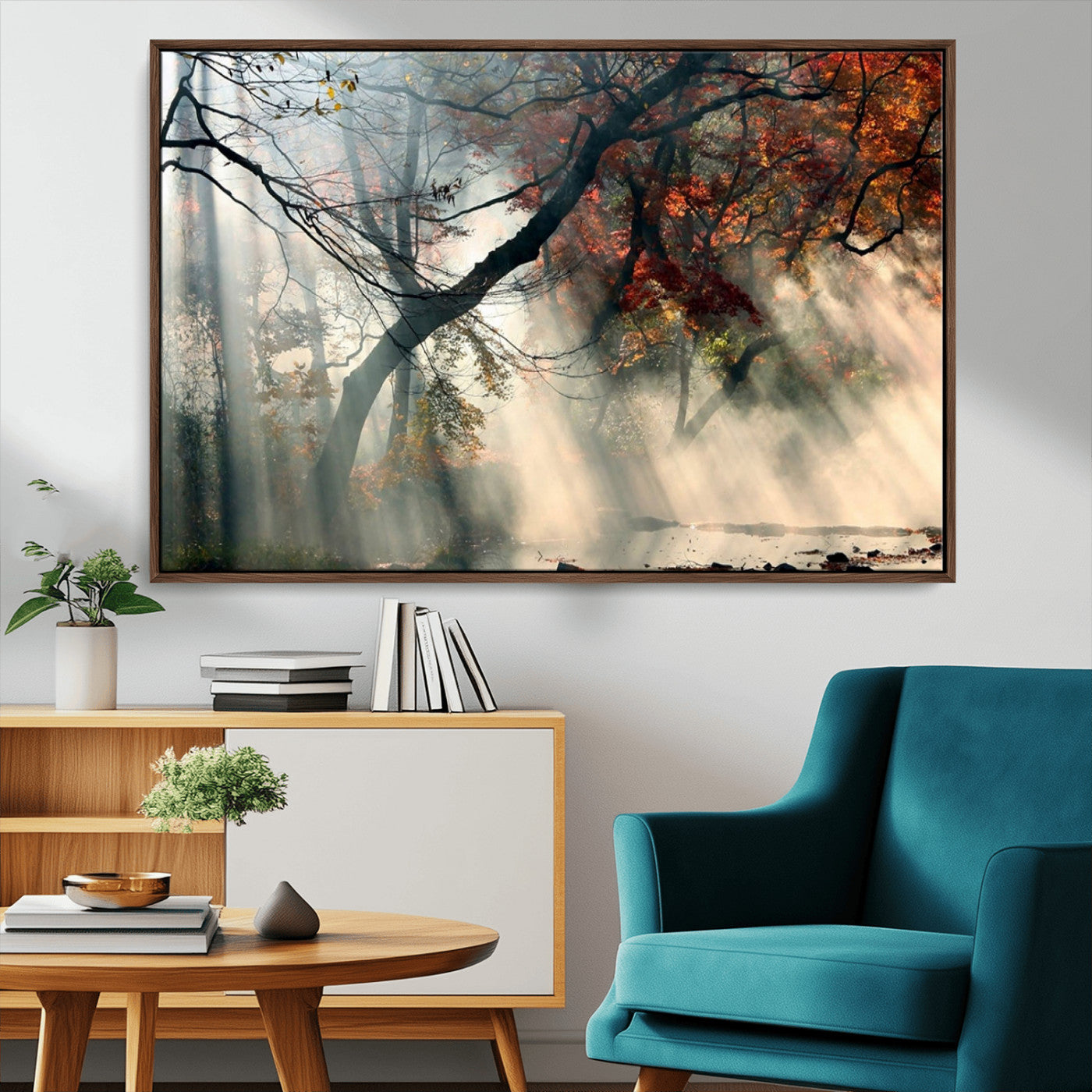 36043878-MGV-CV-36X24-Sunlit Autumn Forest Wall Art Canvas Print – Framed Mist Trees Scene with Peaceful Rays Artwork for Home, Office