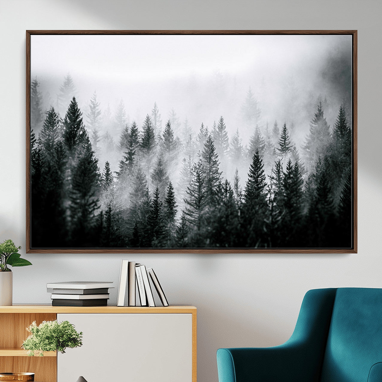 MGV-FC-36X24 - Foggy Pine Forest Canvas Wall Art – Black and White Nature Landscape Print, Horizontal Canvas for