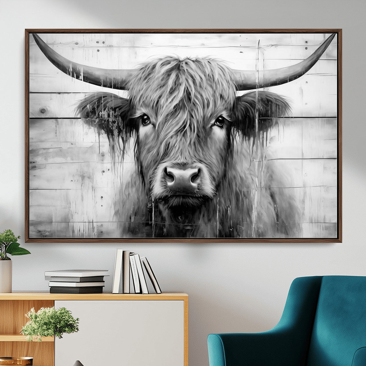 1001HASAN27-MGV-FC-36X24 - Black White Highland Cow Wall Art Canvas Print