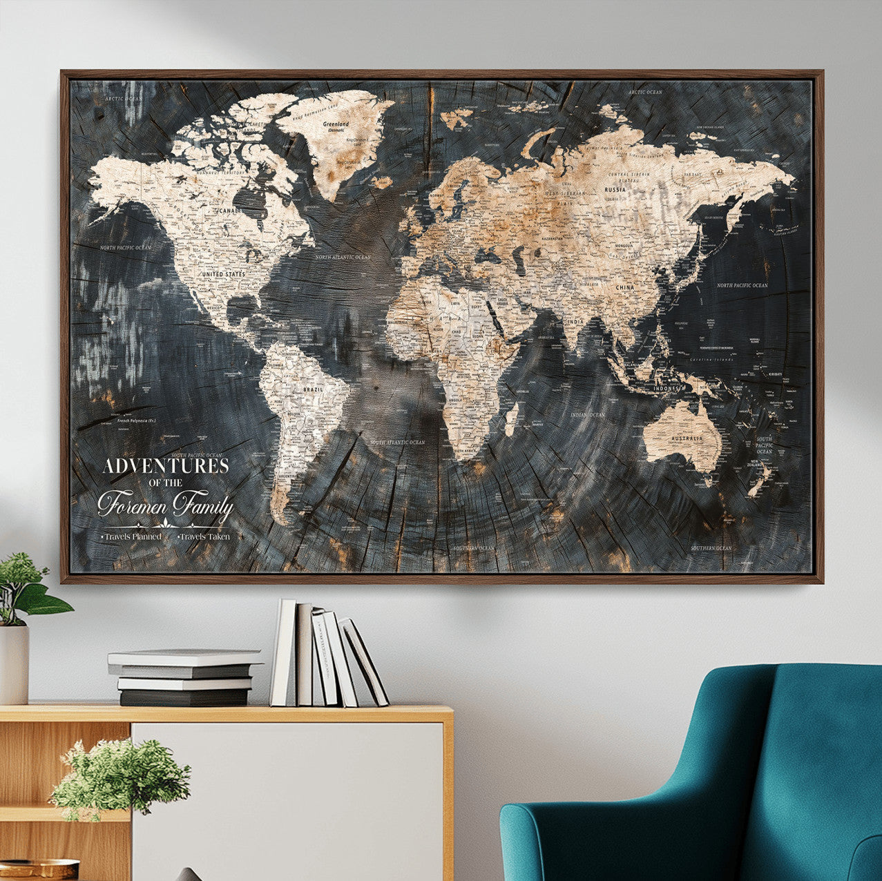 58265369-MGV-FC-36X24 - Customized Push Pin World Map Wall Art Canvas Print with Pins, Personalized Travel Tracker Map, Framed World Map for Living Room, Office and Home Decor
