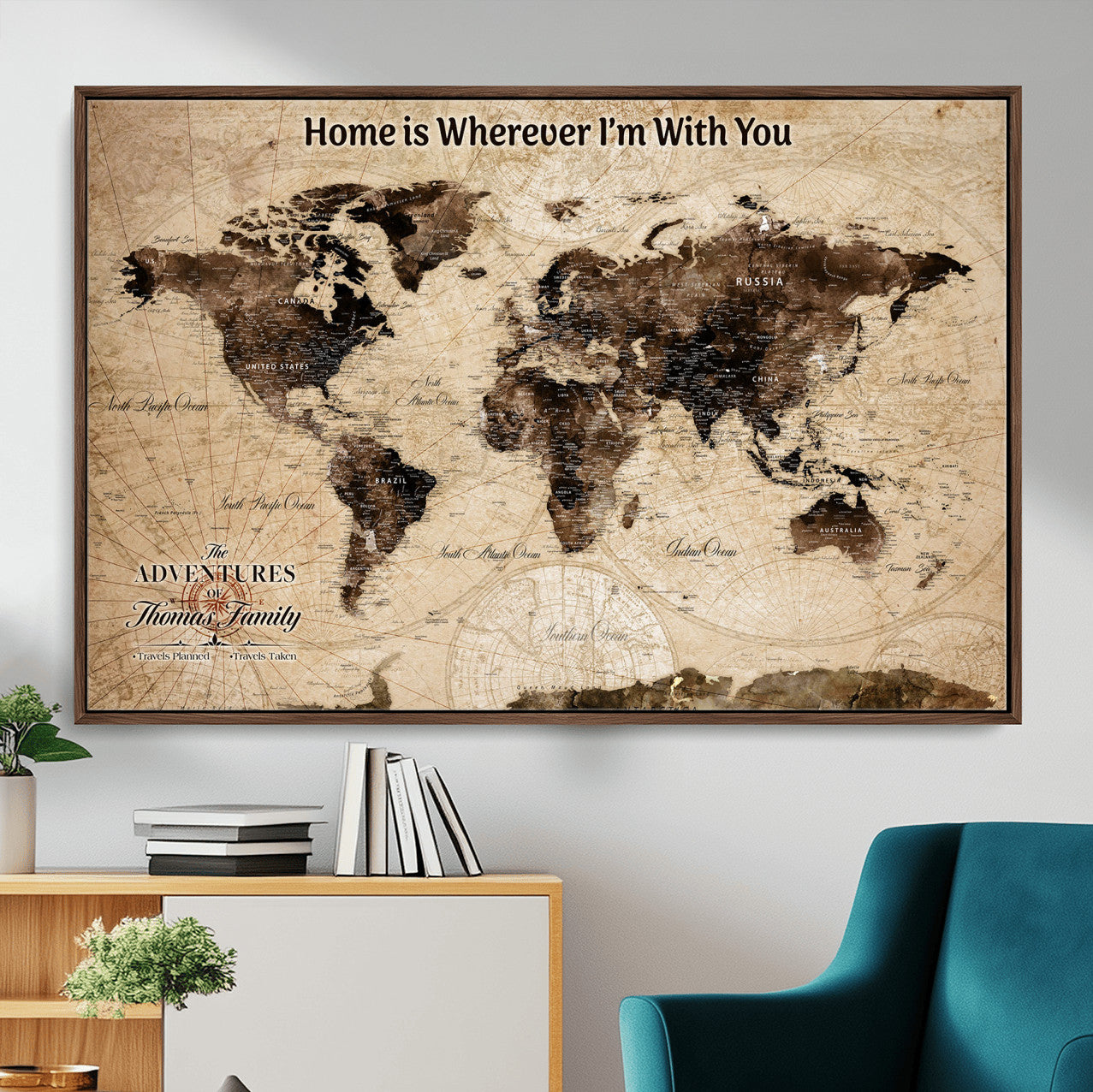 31398786-MGV-FC-36X24 - Personalized World Map Wall Art – Custom Framed Push Pin Travel Tracker Canvas Print Unique Gift for Home, Office