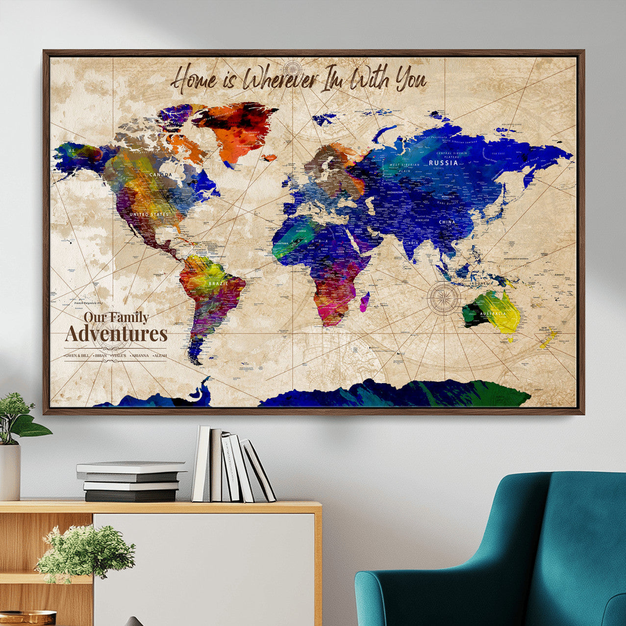 42795268-MGV-FC-36X24 - Personalized Push Pin World Map Canvas Print – Custom Adventure Travel Map, Framed Wall Art Gift for Couples or Family