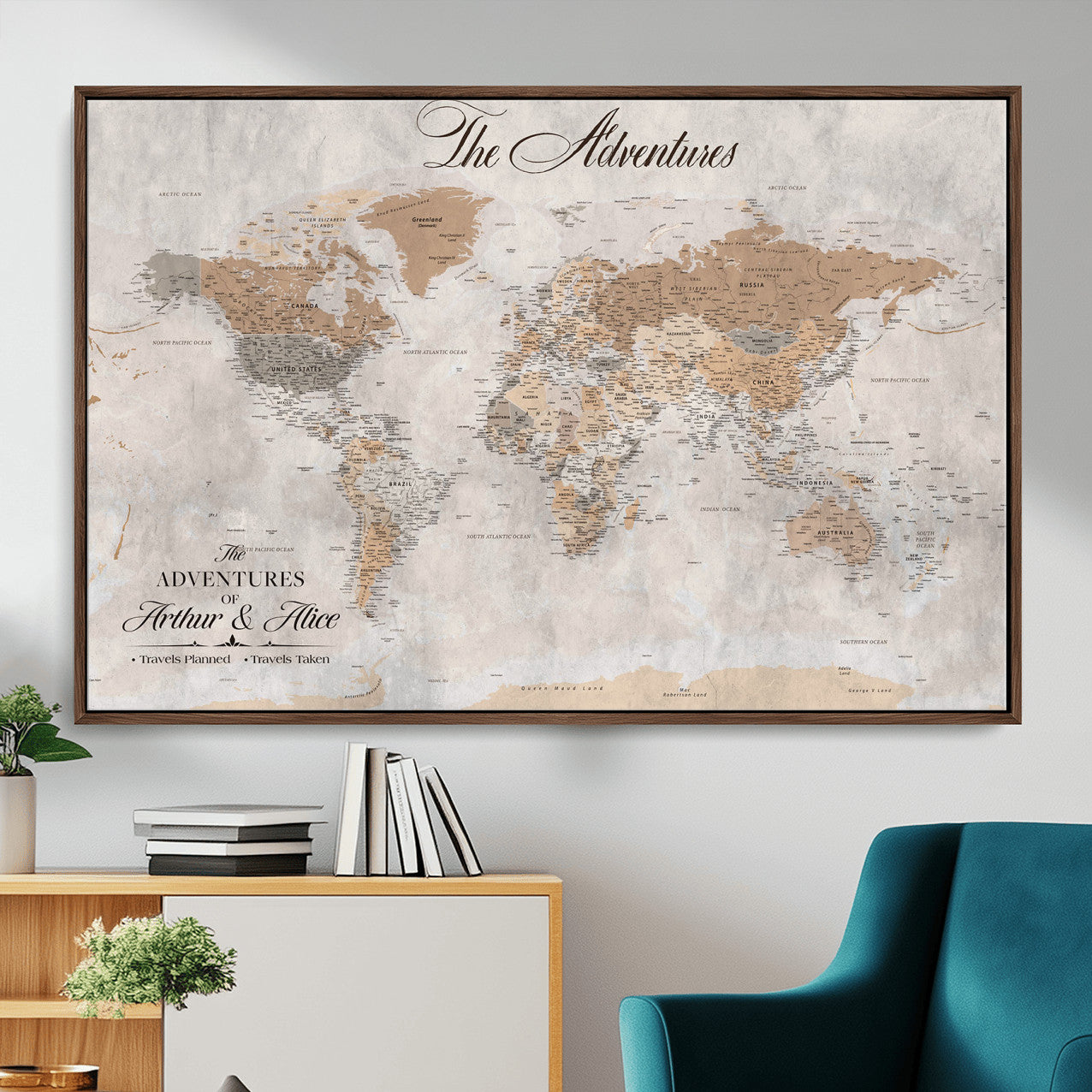91774967-MGV-FC-36X24 - Personalized Push Pin World Map Canvas Print – Custom Framed Travel Tracker Artwork for Couples or Home Decor