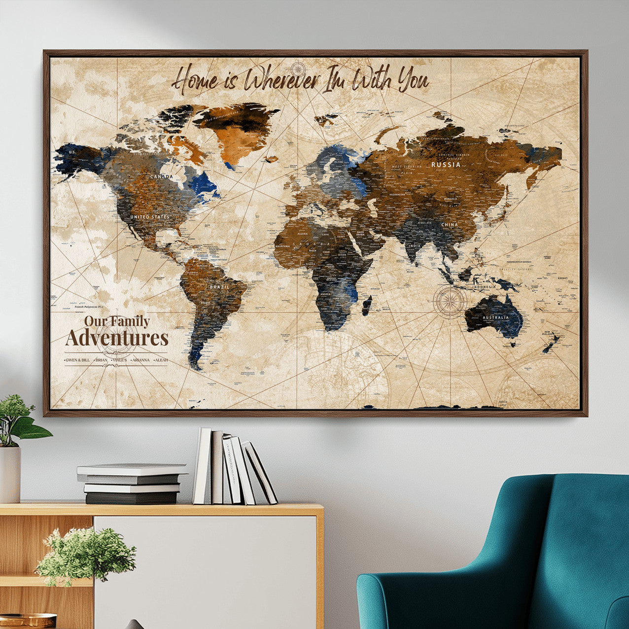 37709027-MGV-FC-36X24 - Customized Push Pin World Map Wall Art Canvas Print with Pins, Vintage Personalized Travel Tracker Map, Framed World Map for Living Room, Office and Home Decor