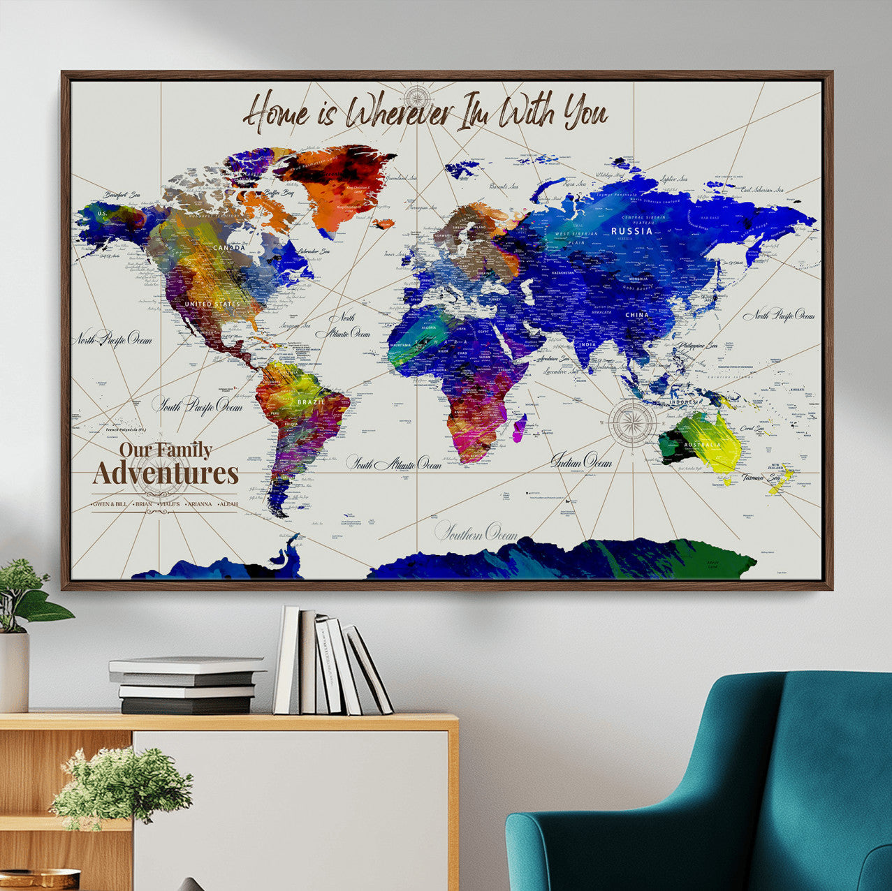 74686301-MGV-FC-36X24 - Customized Push Pin World Map Wall Art Canvas Print with Pins, Personalized Travel Tracker Map, Framed World Map for Living Room, Office and Home Decor