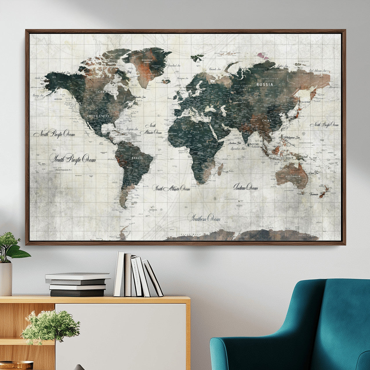 90149079-MGV-FC-36X24 - World Map Wall Art Canvas Print, Modern Decorative Framed Map Artwork Prints for Living Room, Office, Bedroom Wall Decor